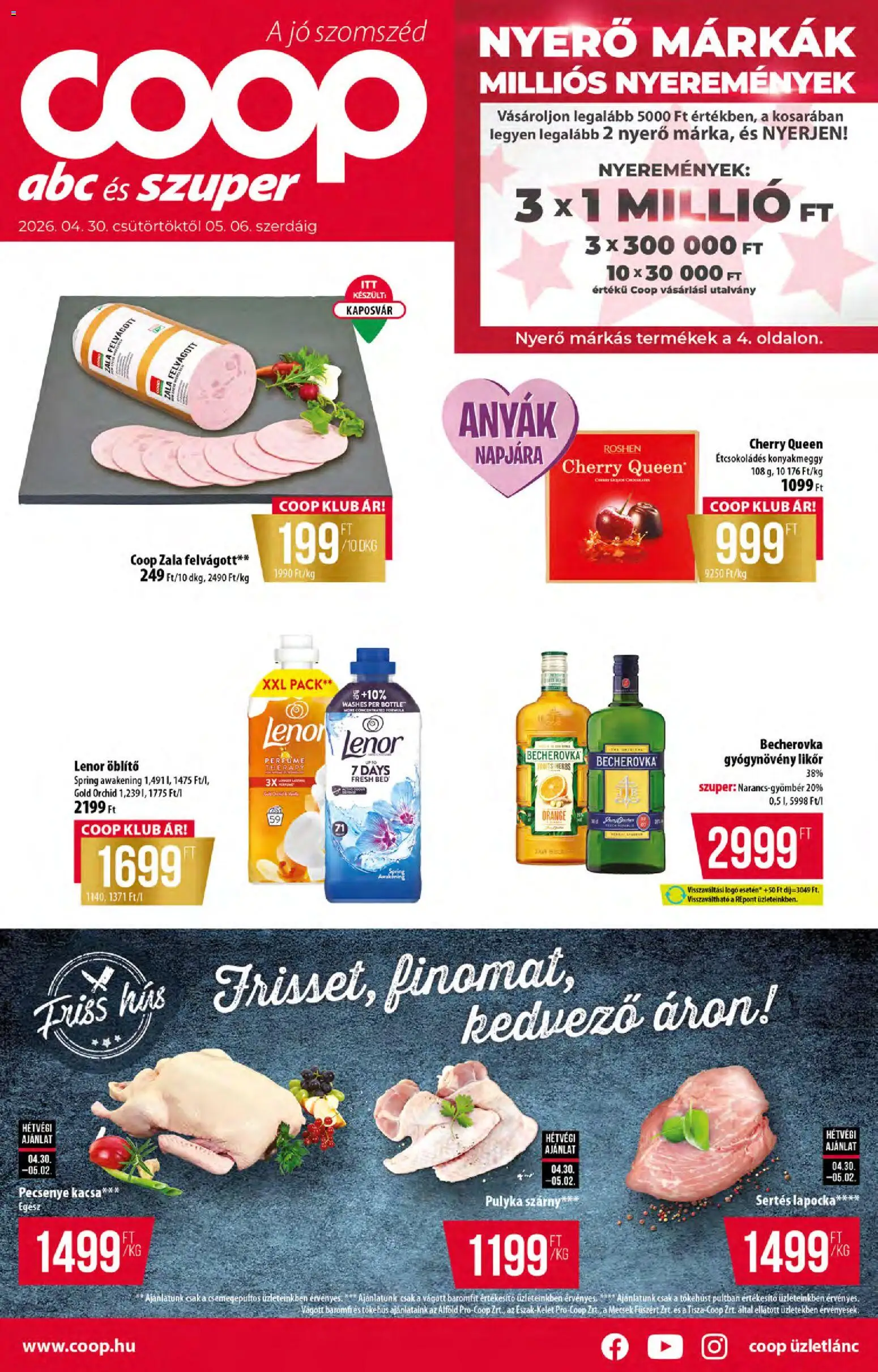 COOP akciós ujság - amely érvényes a következő dátumtól: 30.04.2026 | Oldal: 1 | Termékek: Hús, Becherovka, Felvágott, Likőr