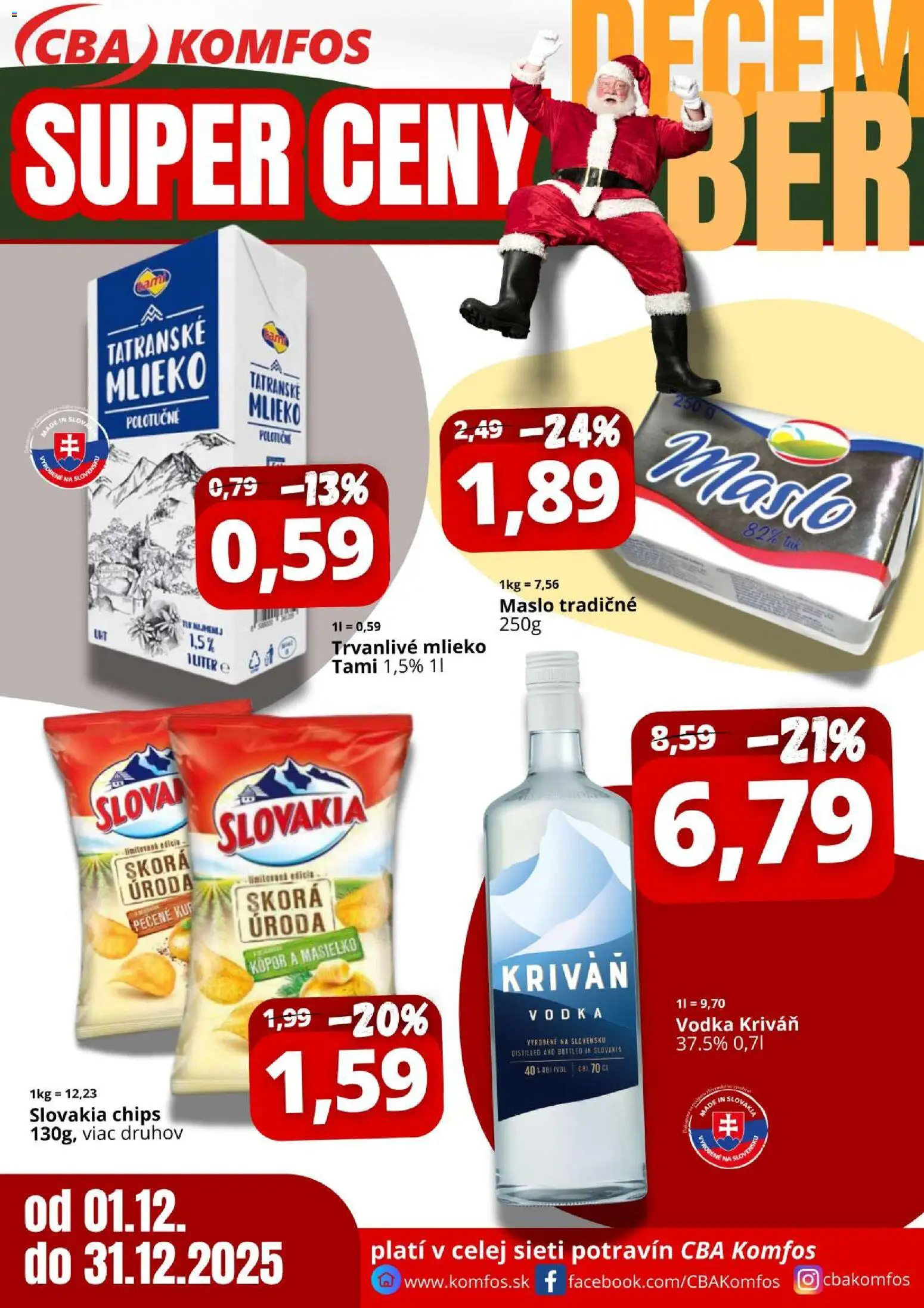 Nové CBA Komfos akcie – leták je platný od 01.12.2025 | Strana: 1 | Produkty: Maslo, Mlieko, Vodka, Trvanlivé mlieko