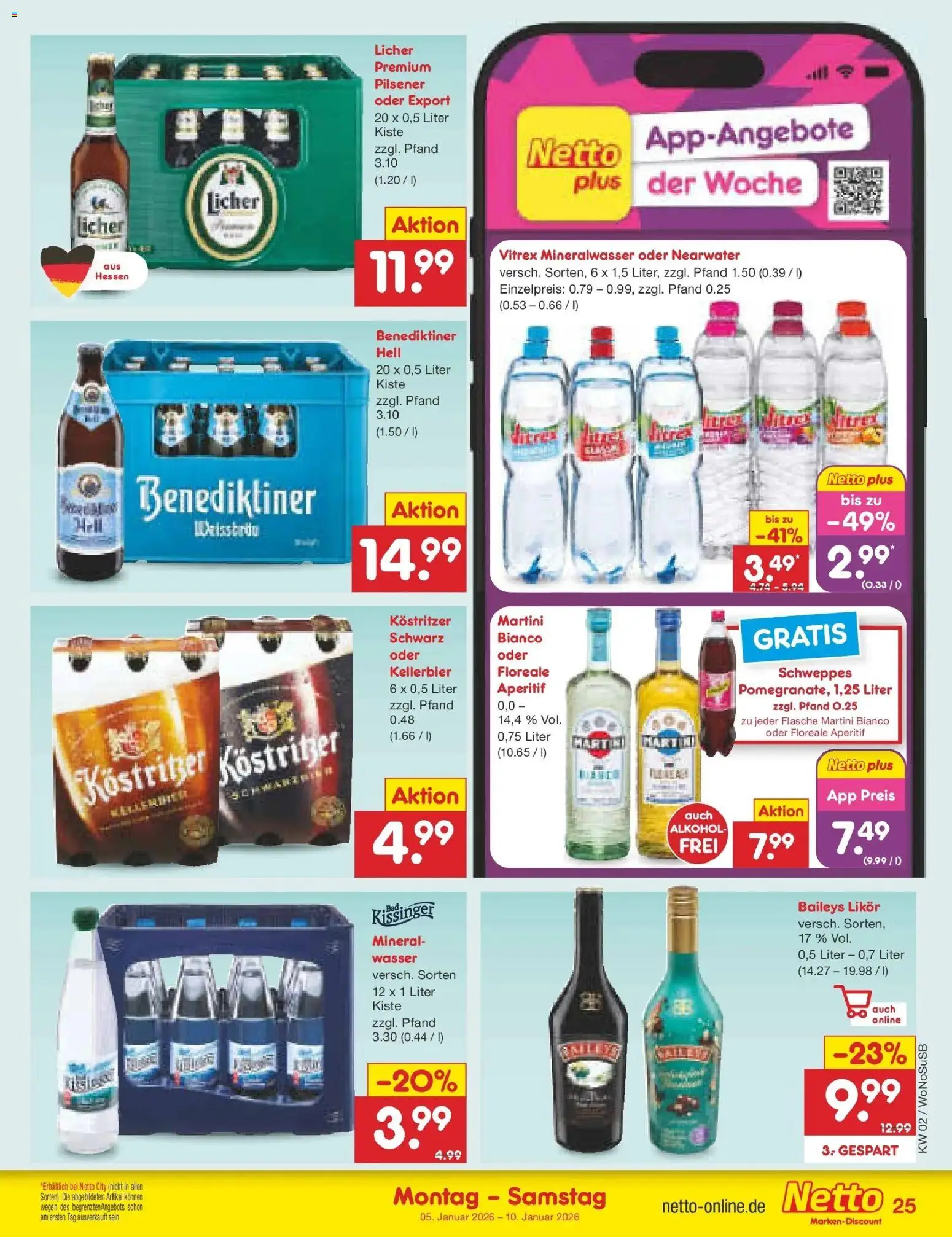 Netto Marken-Discount prospekt Rodgau	 – gültig ab 05.01.2026 | Seite: 25 | Produkte: Likör, Mineralwasser, Wasser, Baileys