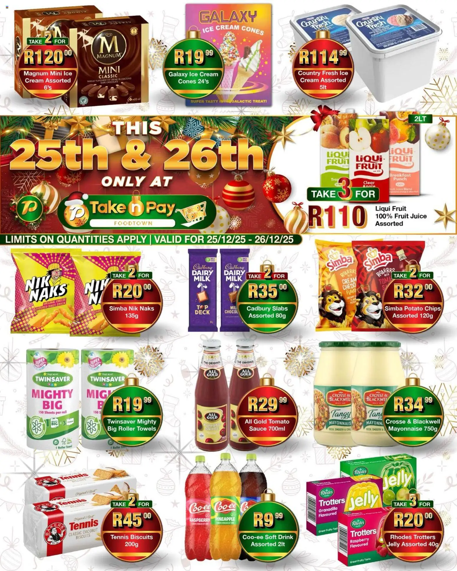 New Take n Pay catalogue – valid from 25.12.2025 | Page: 1 | Products: Towel, Cheese, Pineapple, Chips