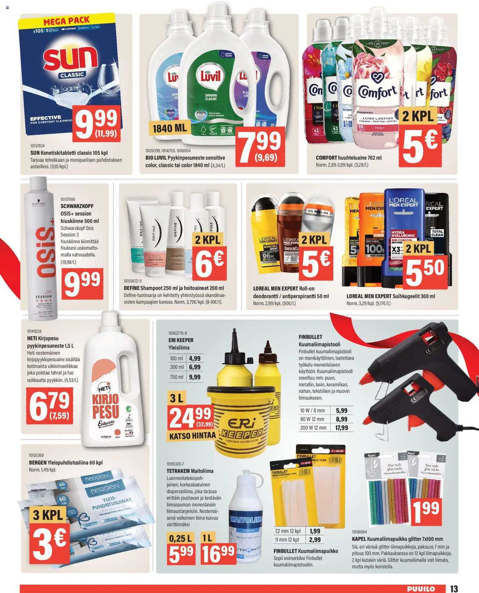 Puuilo tarjoukset – voimassa 24.11.2025 alkaen | Sivu: 13 | Tuotteet: Liima, Shampoo, Deodorantti, Huuhteluaine