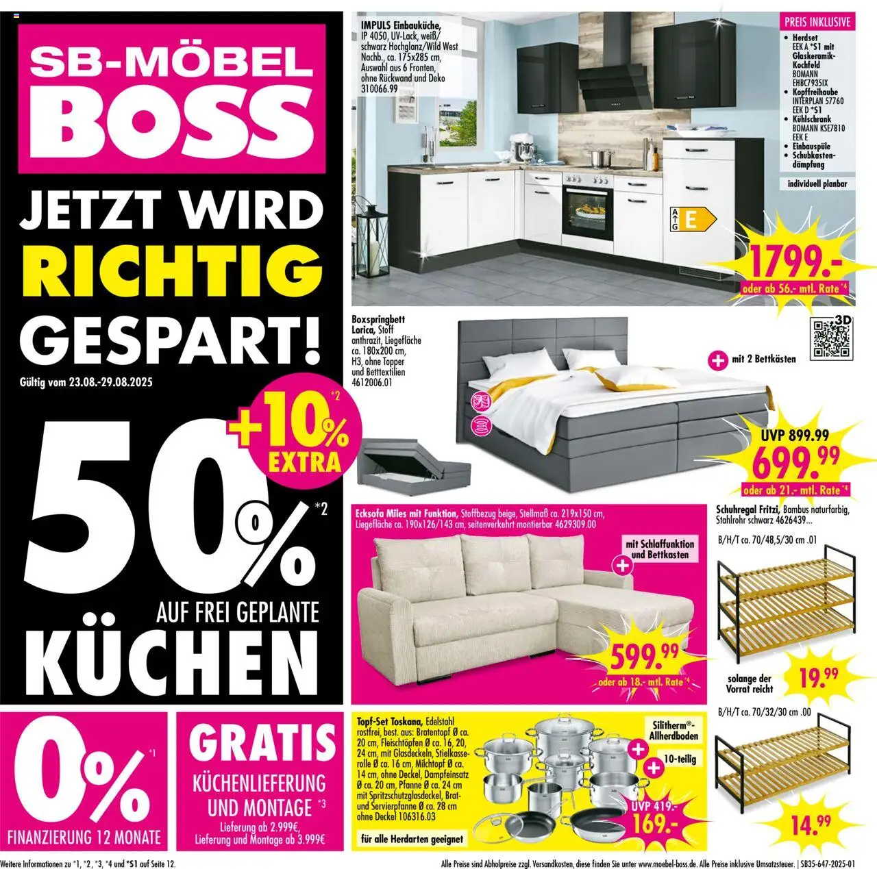 SB Möbel Boss Prospekt Neubrandenburg - gültig ab dem 23.08.2025 | Seite: 1 | Produkte: Ecksofa, Boxspringbett, Topper, Schuhregal