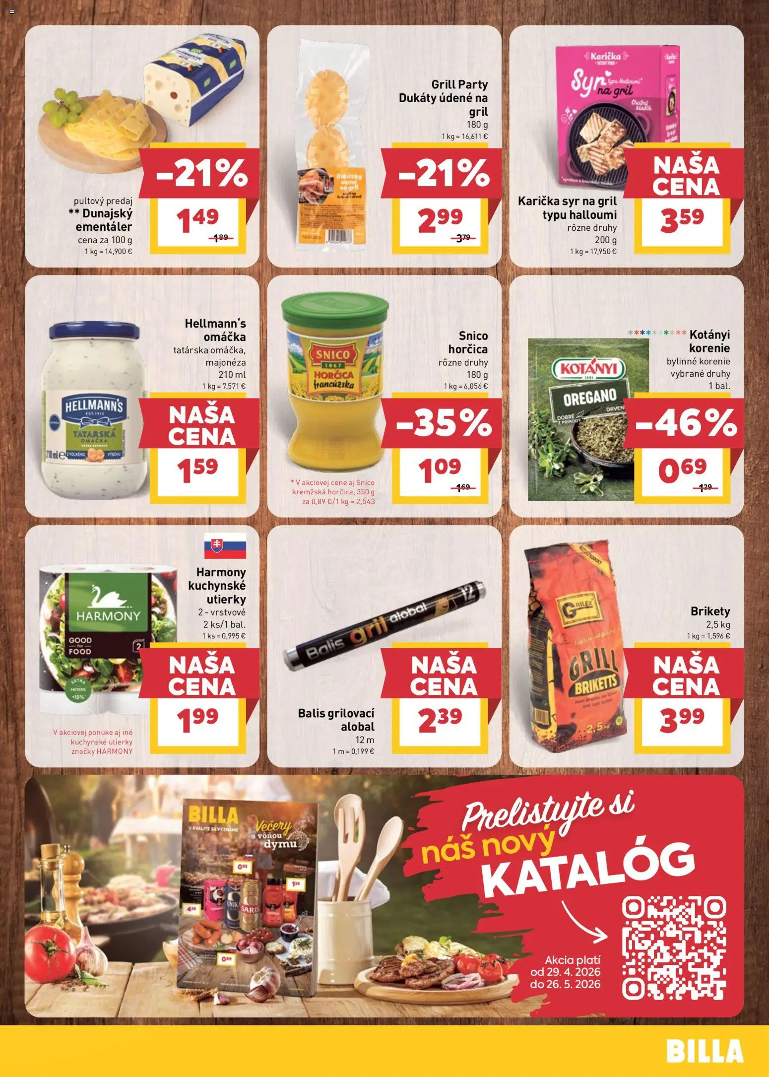 Nové Billa akcie – leták je platný od 29.04.2026 | Strana: 15 | Produkty: Gril, Šariš, Korenie, Brikety