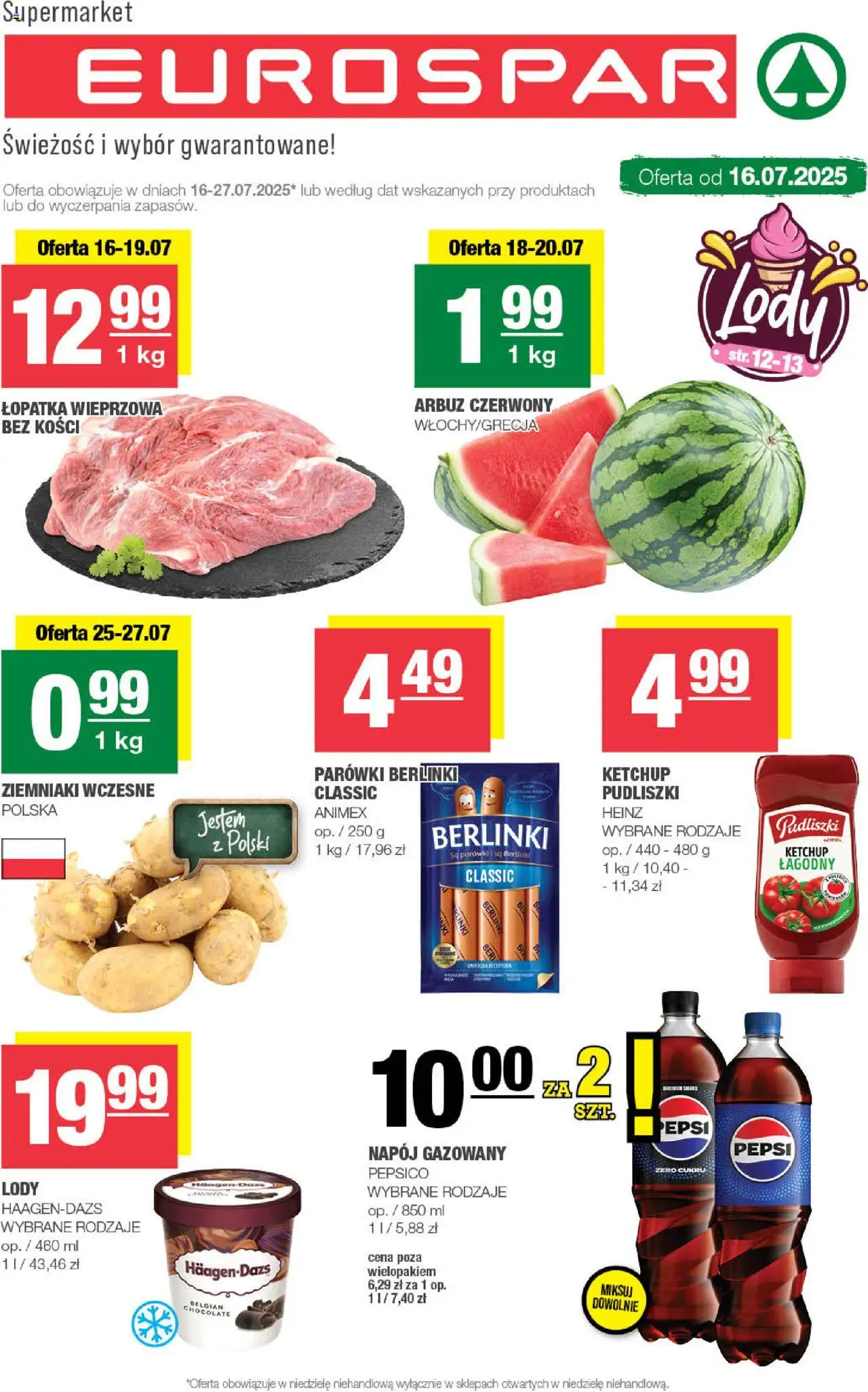 Spar Gazetka - Eurospar od 16.07.2025 | Strona: 1 | Produkty: Parówki berlinki, Pepsi, Lody, Ziemniaki