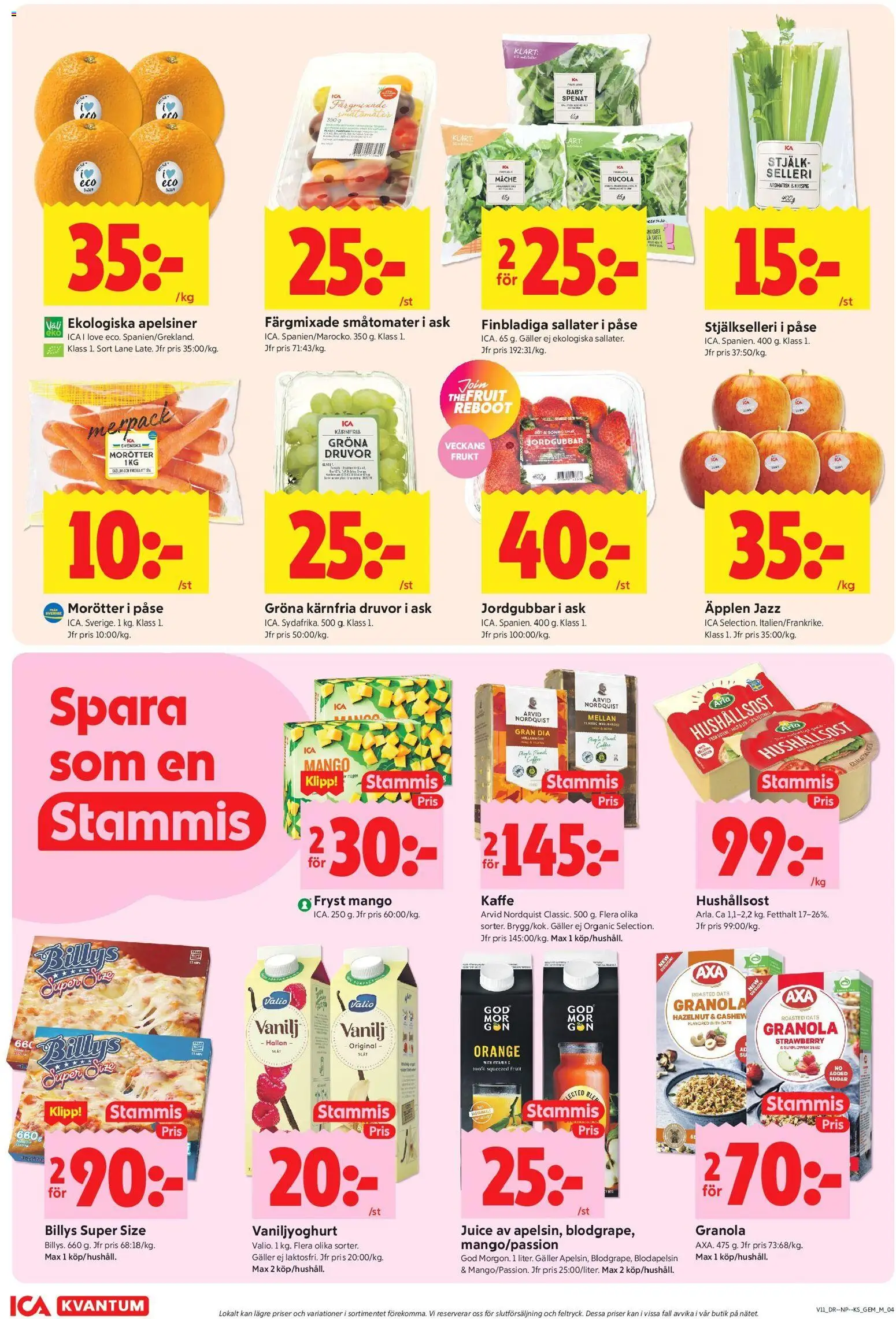 ICA Kvantum reklamblad aktuell från 09.03.2026 | Sida: 6 | Produkter: Hushållsost, Spenat, Apelsiner, Granola