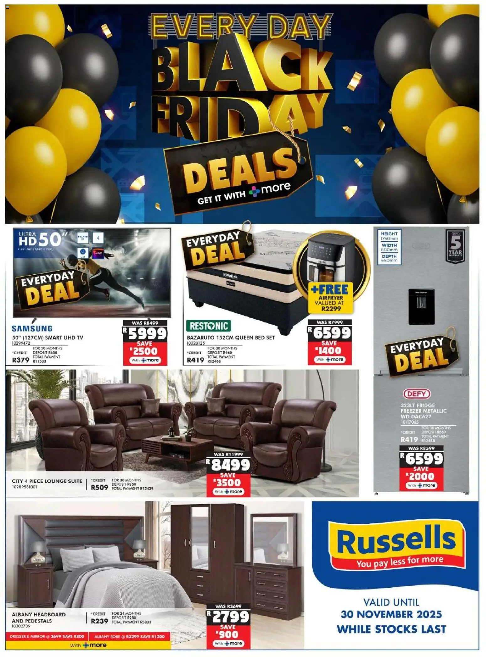 New Russells catalogue – valid from 10.11.2025 | Page: 1 | Products: Headboard, Queen bed, Bed, TV