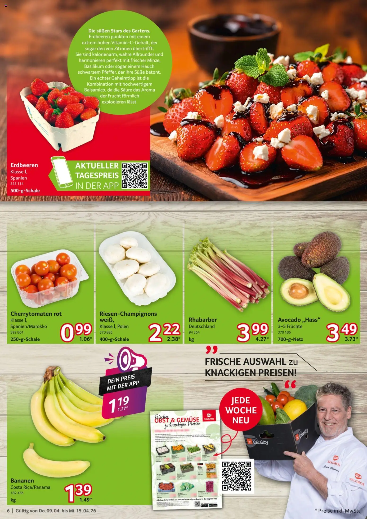 Selgros Prospekt 	 – gültig ab 09.04.2026 | Seite: 6 | Produkte: Bananen, Avocado, Gemüse, Erdbeeren