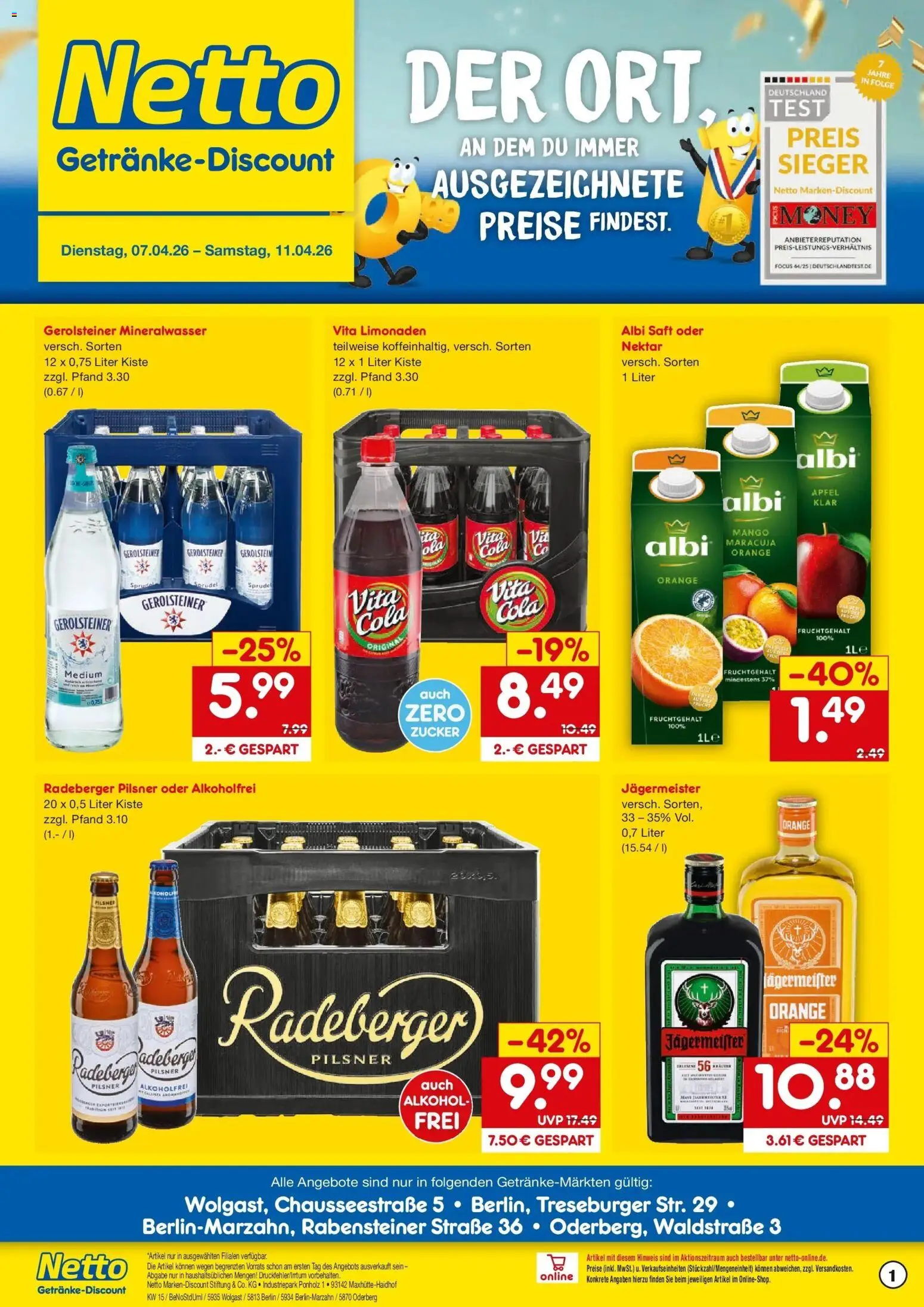 Netto Marken-Discount Prospekt Berlin	 – gültig ab 05.04.2026 | Seite: 1 | Produkte: Jägermeister, Zucker, Radeberger pilsner, Gerolsteiner