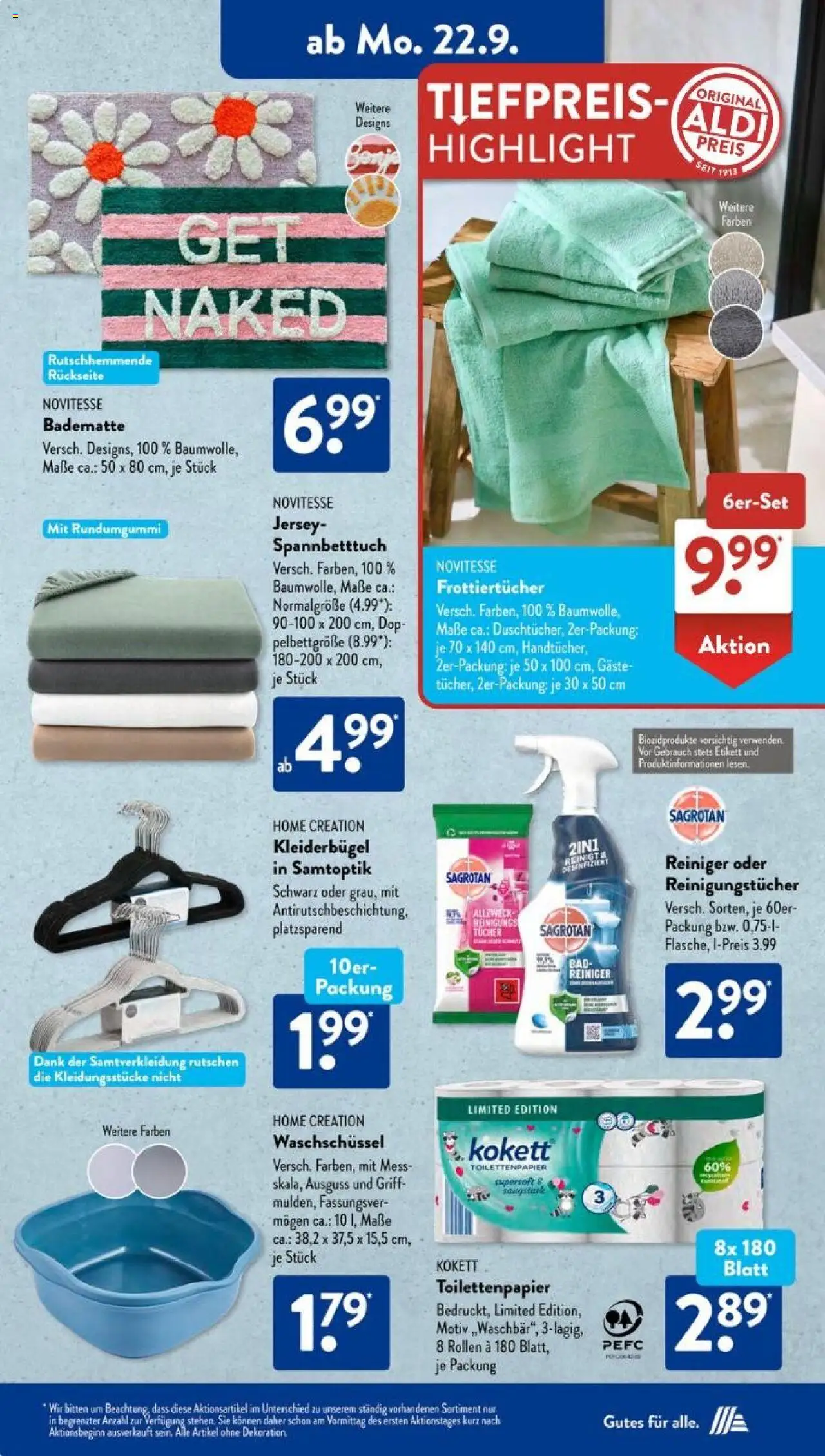 Aldi Süd Prospekt 	 – gültig ab 22.09.2025 | Seite: 4 | Produkte: Bad, Kleiderbügel, Reinigungstücher, Toilettenpapier