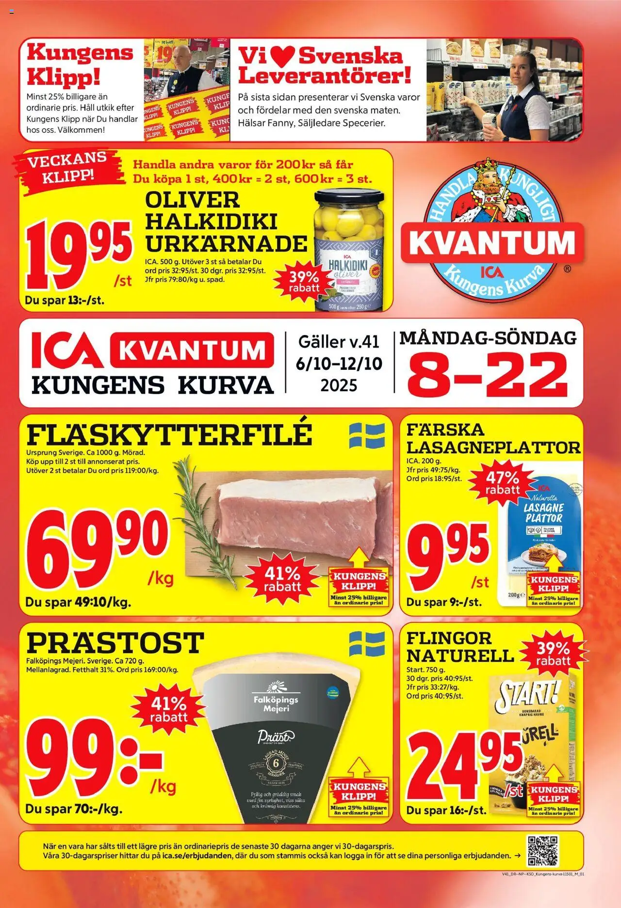 ICA Kvantum reklamblad aktuell från 06.10.2025 | Sida: 1 | Produkter: Oliver, Galler, Fläskytterfilé, Lasagneplattor