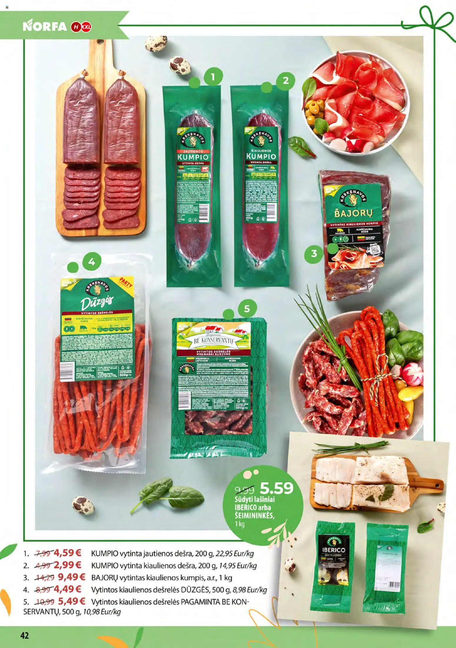 NORFA akcijos nuo 24.03.2026 | Puslapis: 42 | Prekių: Kiaulienos, Jautienos, Dešrelės, Kumpis