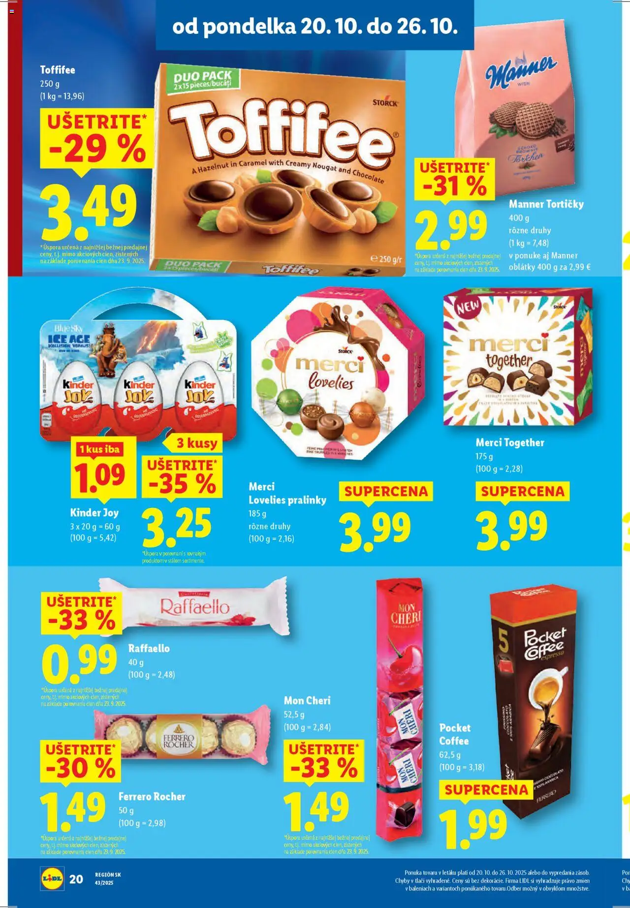 Nové Lidl akcie – leták je platný od 20.10.2025 | Strana: 28 | Produkty: Merci, Kinder, Mon Chéri, Ferrero Rocher