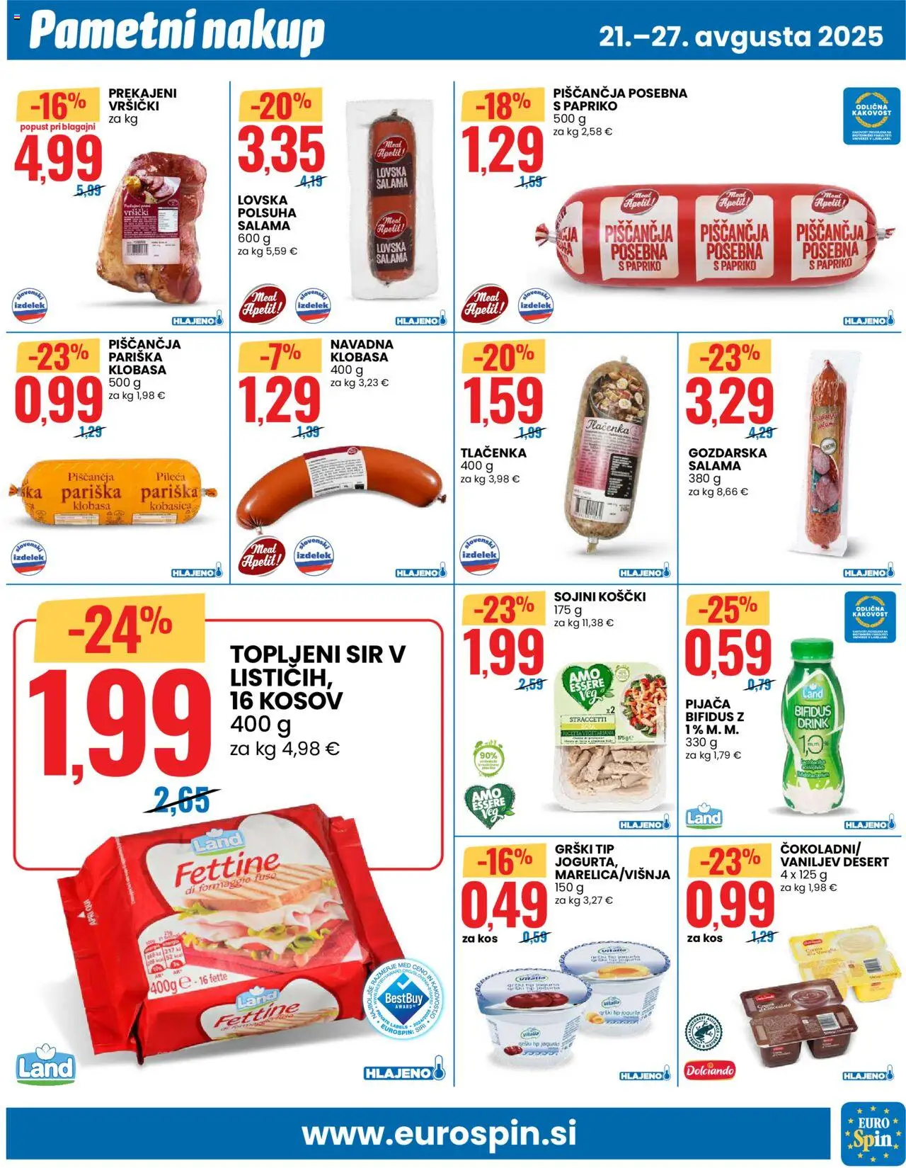 Eurospin katalog │ velja od 21.08.2025 | Stran: 7 | Izdelki: Topljeni sir, Kos, Sir, Salama