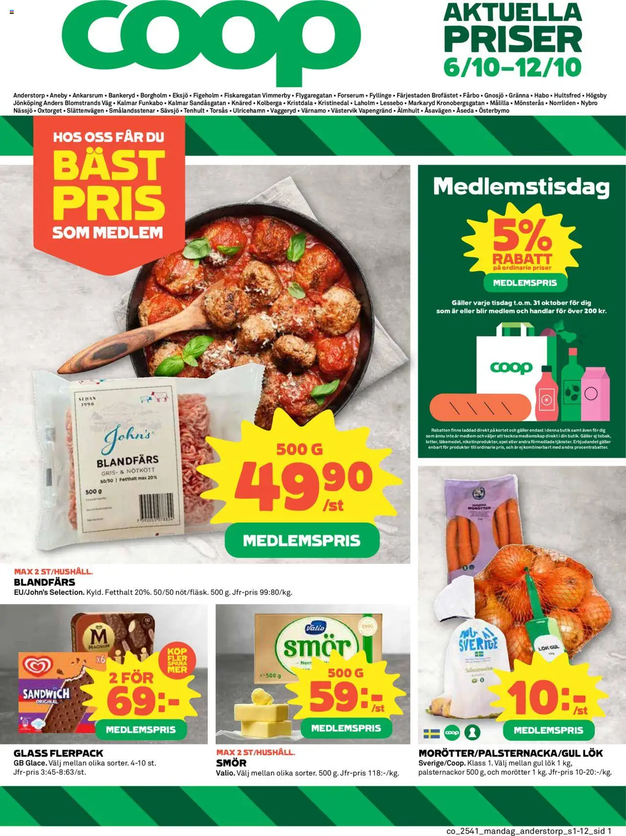 Coop reklamblad aktuell från 06.10.2025 | Sida: 1 | Produkter: Sandwich, Galler, Blandfärs, Glass
