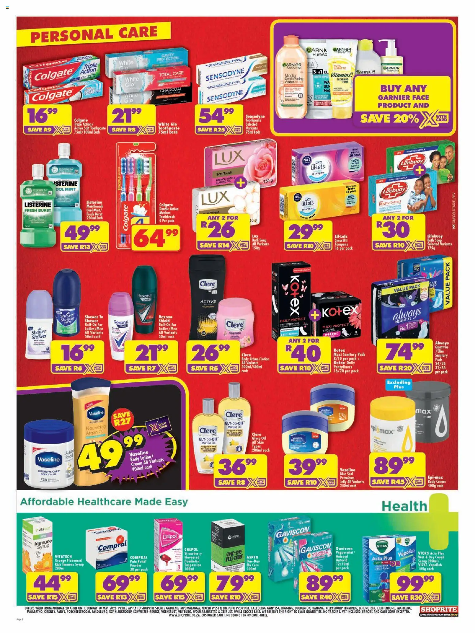 New Shoprite catalogue – valid from 20.04.2026 | Page: 8 | Products: Soap, Toothpaste, Mouthwash, Lotion