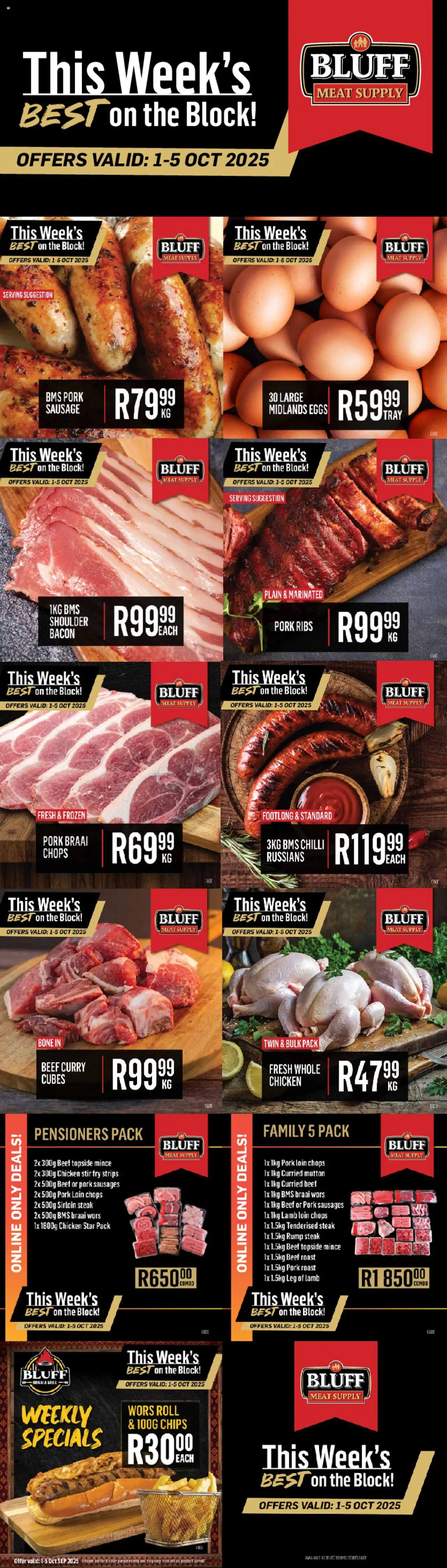 New Bluff Meat Supply catalogue – valid from 01.10.2025 | Page: 1 | Products: Eggs, Pork, Beef, Sausage