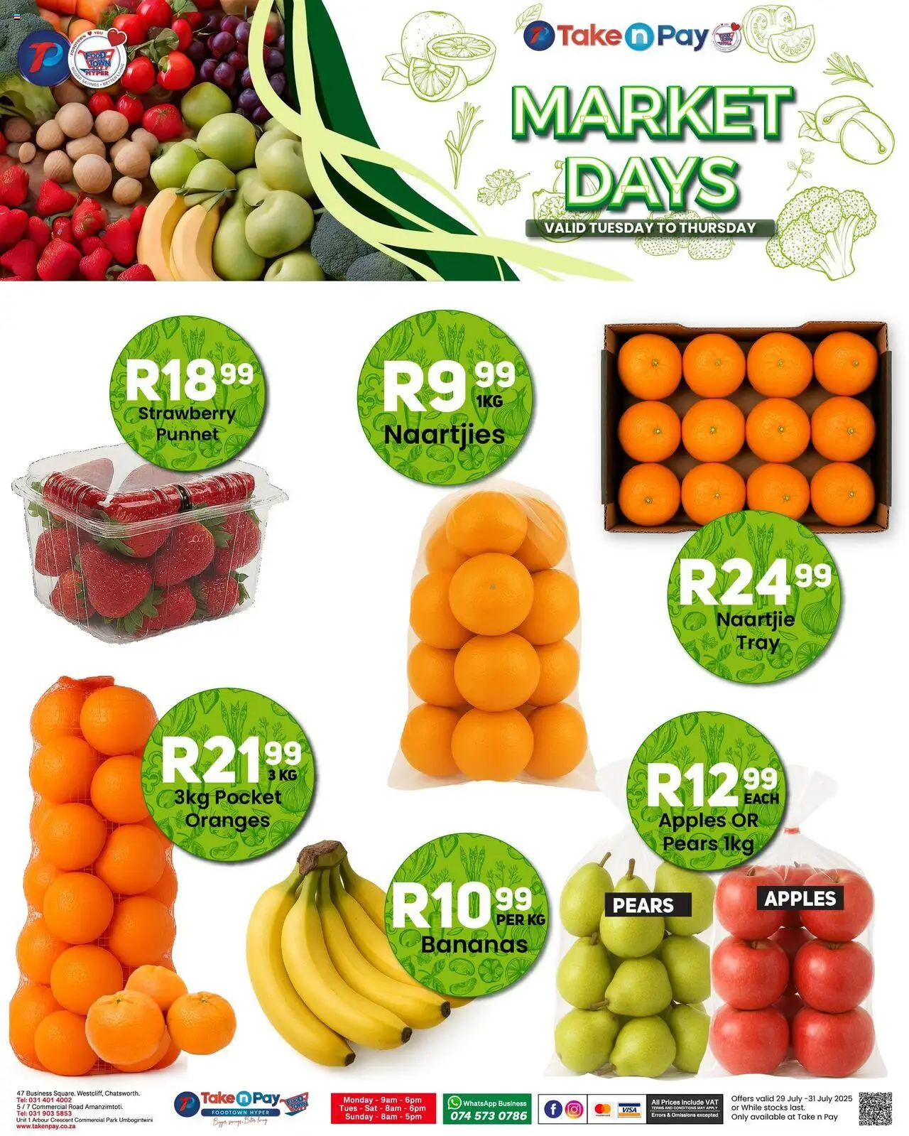 Take n Pay Market Day │ valid from 29.07.2025 | Page: 1 | Products: Pears, Tray, Oranges, Bananas