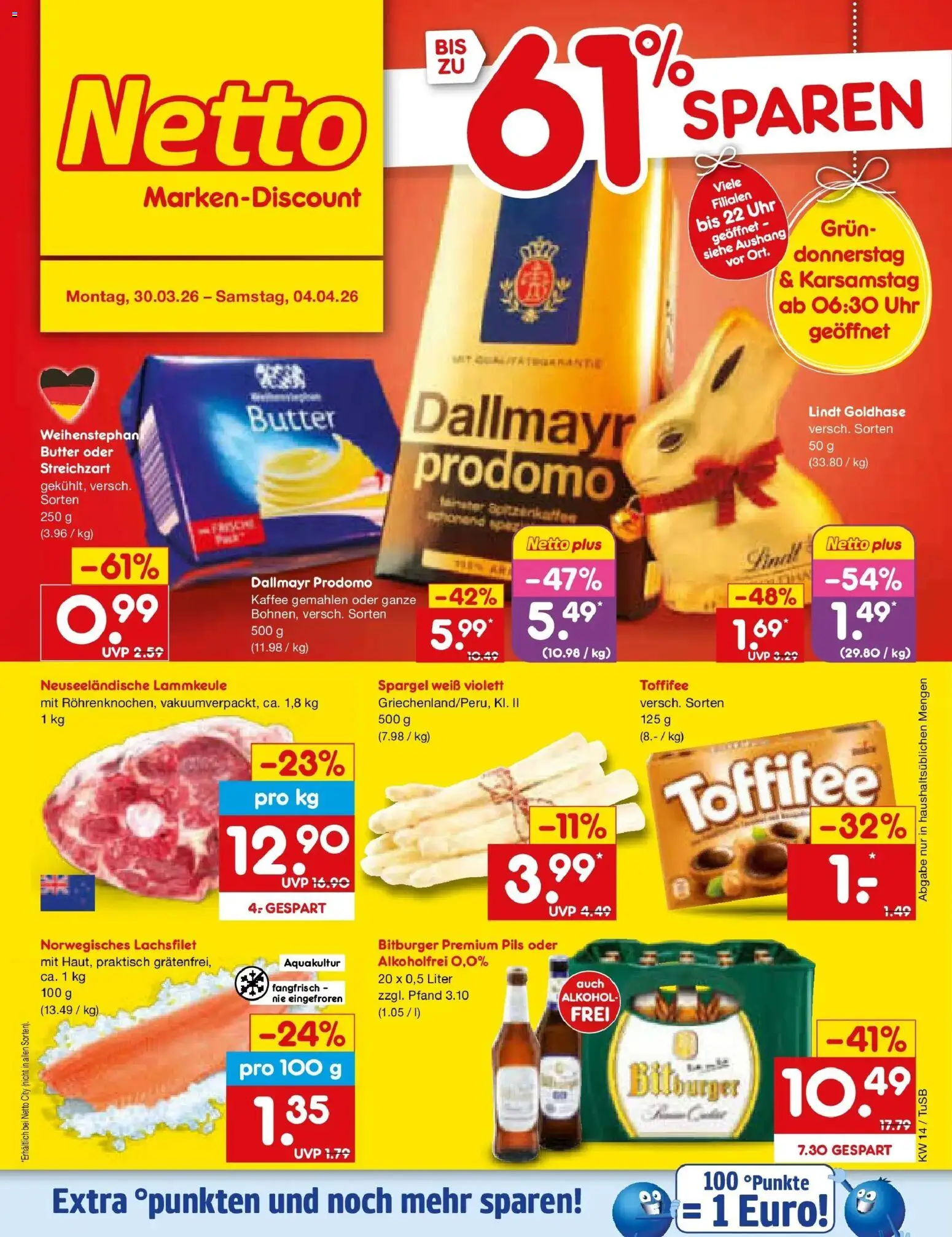 Netto Marken-Discount Prospekt Sindelfingen	 – gültig ab 30.03.2026 | Seite: 1 | Produkte: Bitburger, Butter, Spargel, Dallmayr prodomo
