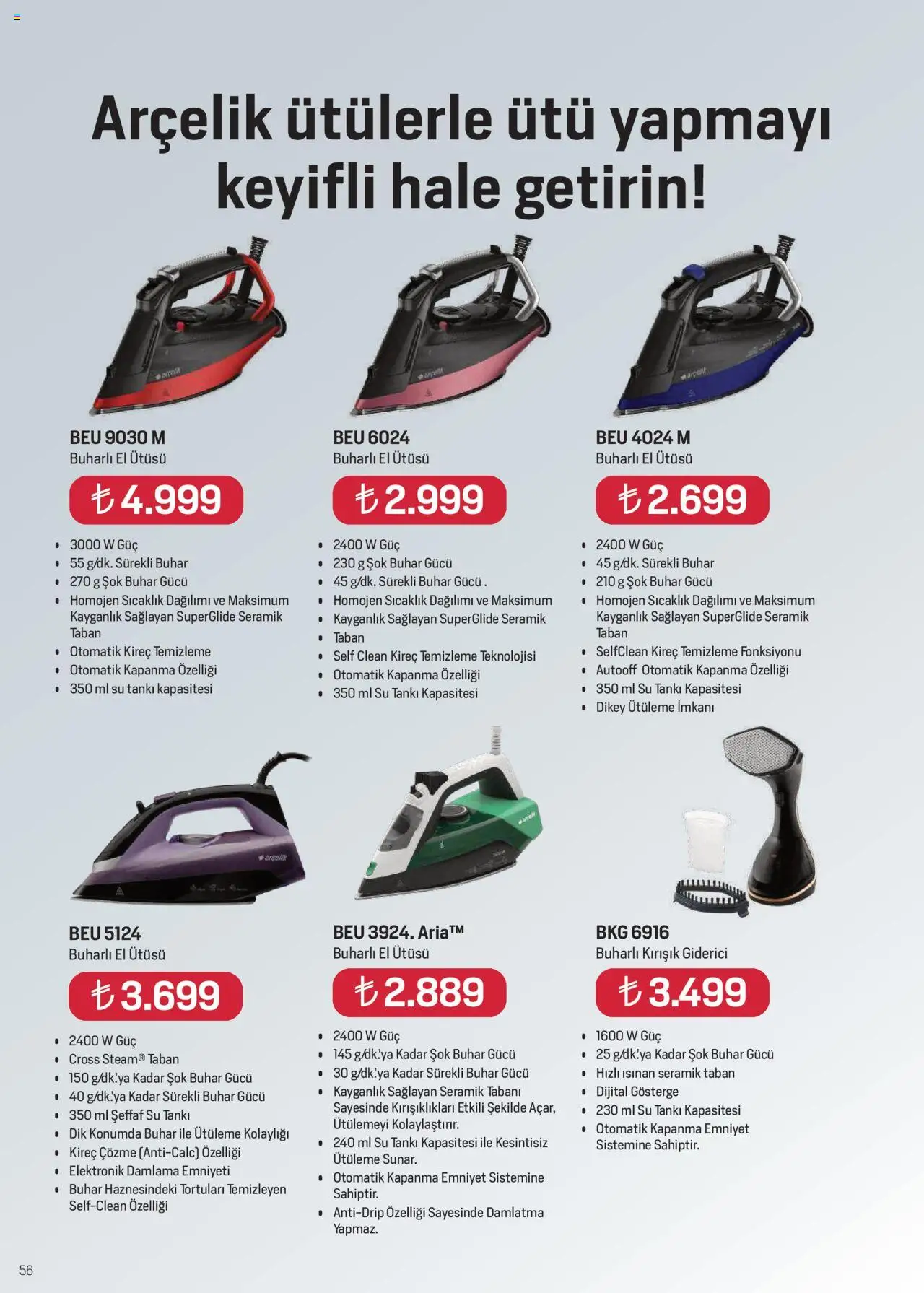 Arçelik Katalog - 16.09.2025 tarihinden itibaren geçerlidir | Sayfa: 56 | Ürünler: Su, Ütü