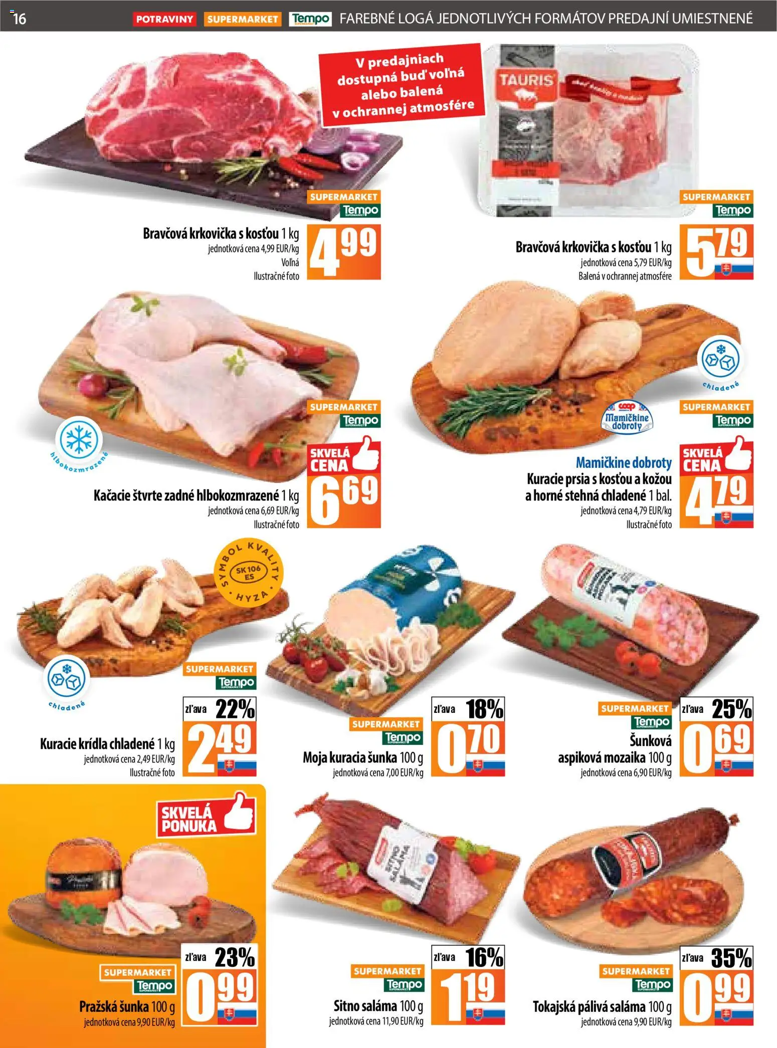 Nové COOP Jednota akcie – leták je platný od 20.11.2025 | Strana: 16 | Produkty: Saláma, Bravčová krkovička, Kuracie prsia, Krkovička