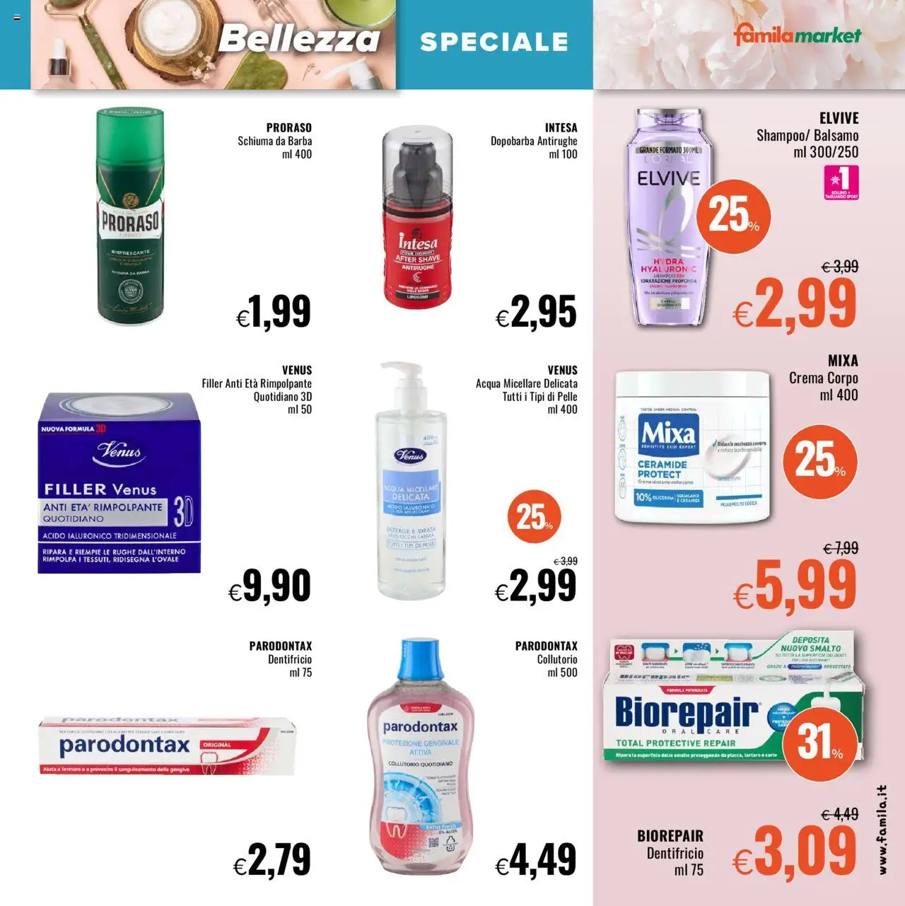 Volantino Famila del 02.10.2025 | Pagina: 15 | Prodotti: Shampoo, Acqua micellare, Dopobarba, Collutorio
