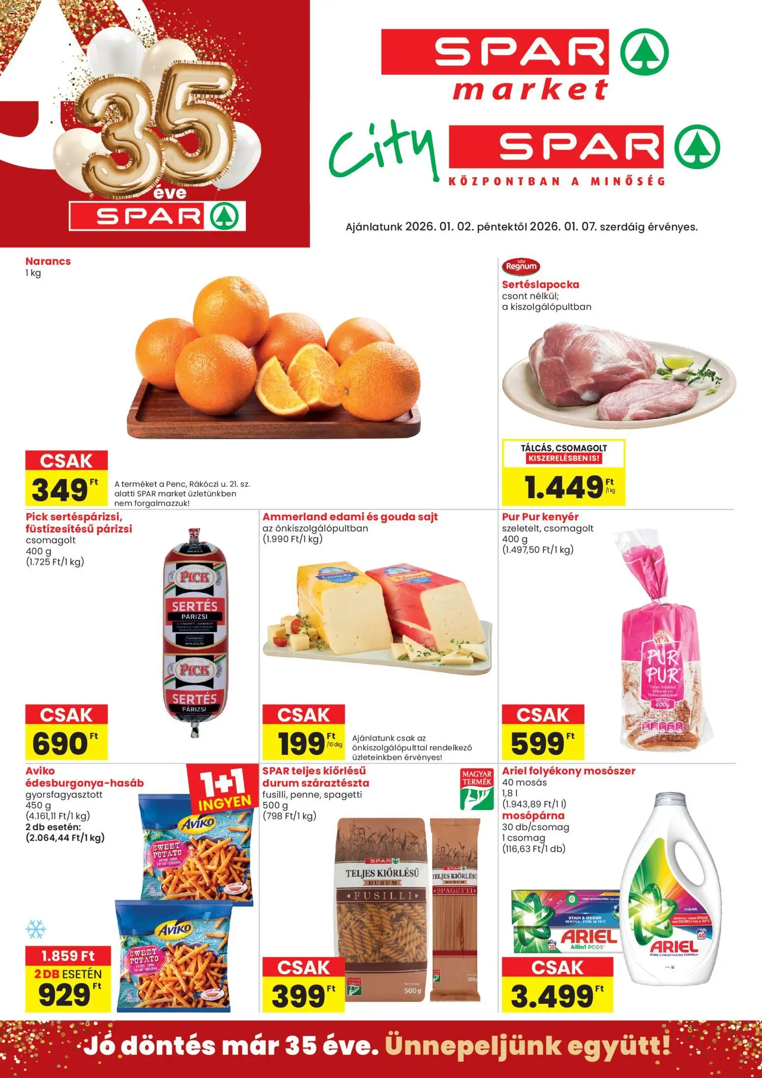 Spar akciós ujság - amely érvényes a következő dátumtól: 02.01.2026 | Oldal: 1 | Termékek: Pick, Sajt, Kenyér, Száraztészta