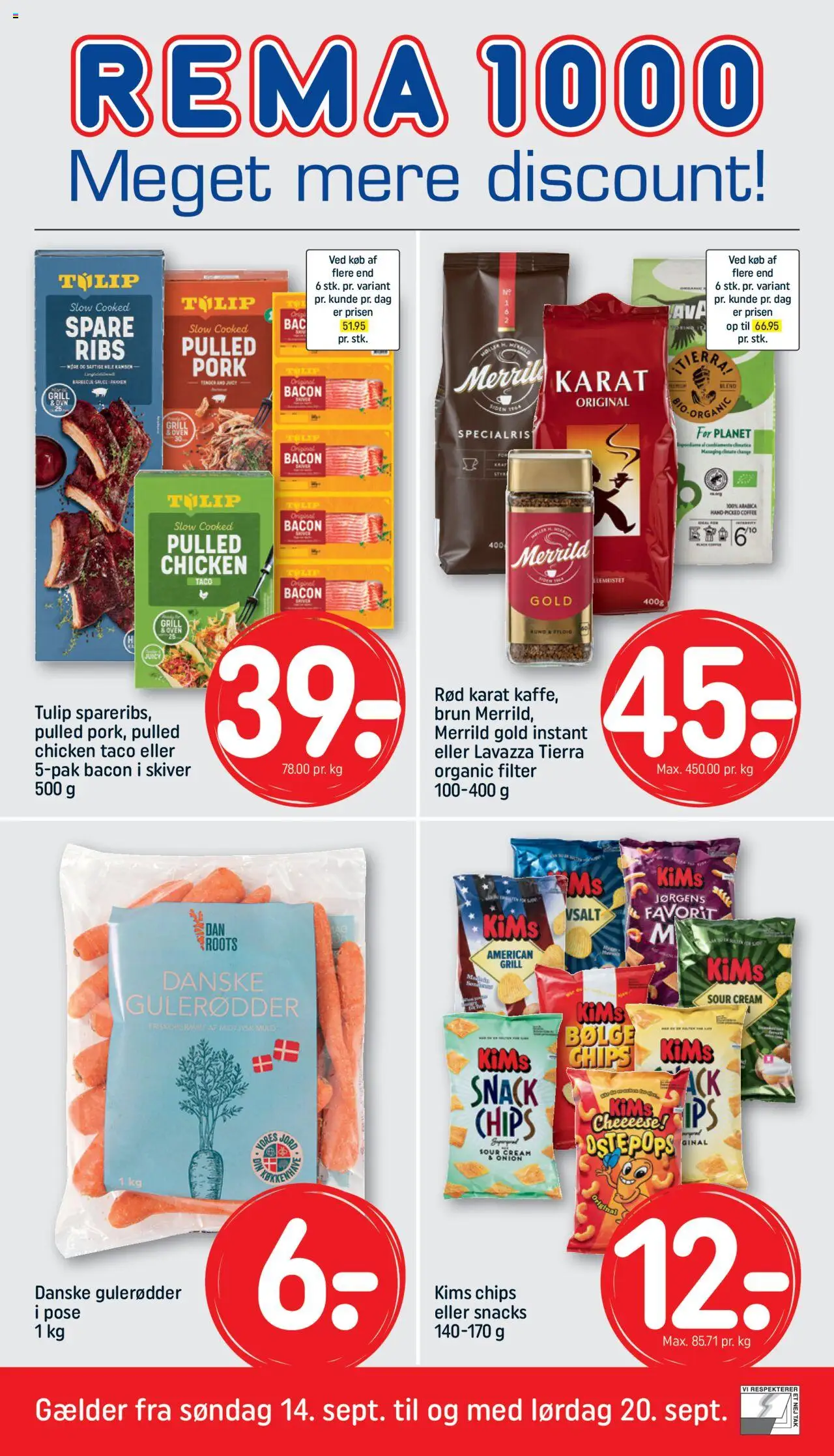 Rema 1000 tilbudsavis – gyldig fra 14.09.2025 | Side: 1 | Produkter: Juice, Ribs, Gulerødder, Taco