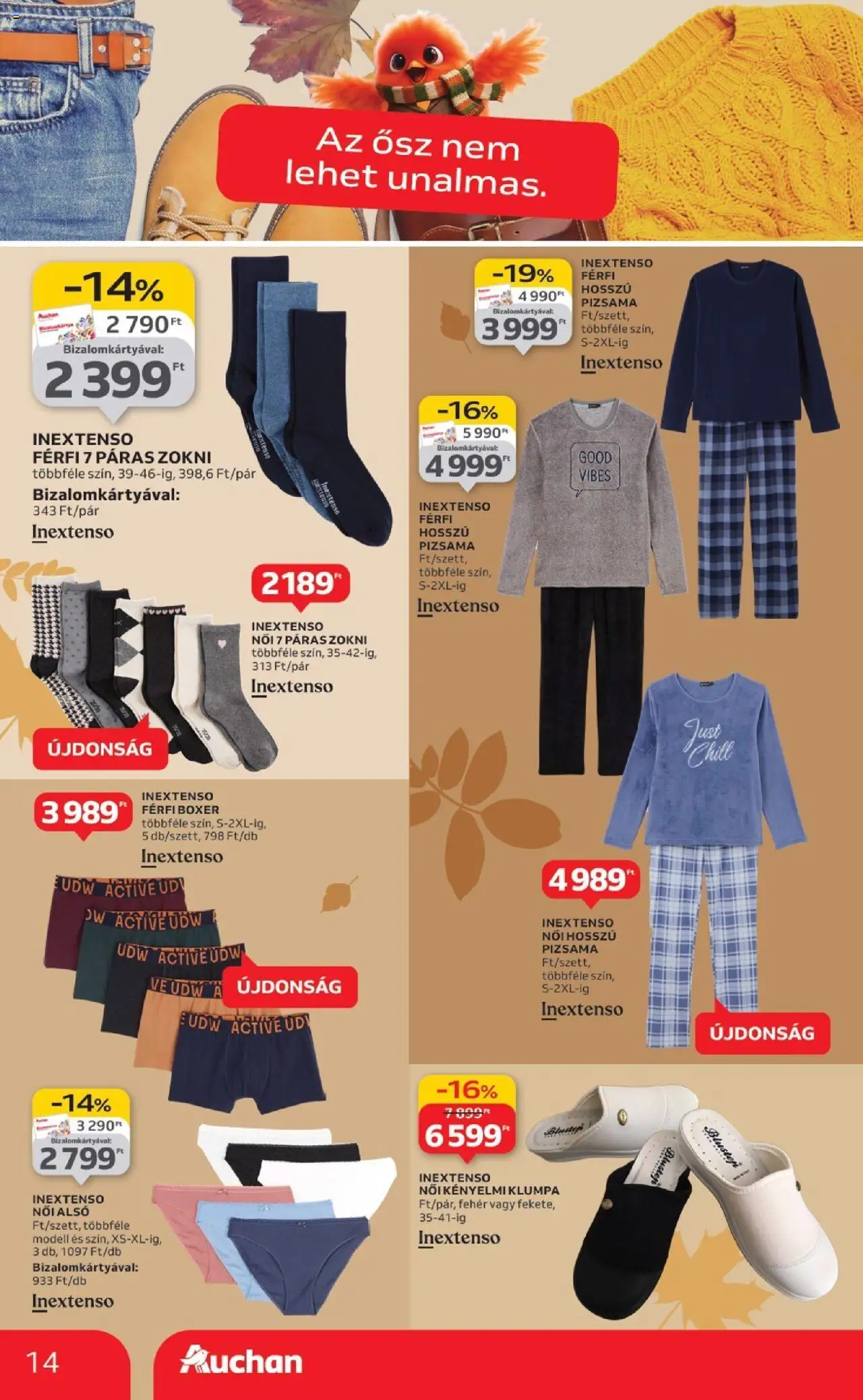 Auchan akciós ujság - amely érvényes a következő dátumtól: 02.10.2025 | Oldal: 14 | Termékek: Zokni, Pizsama