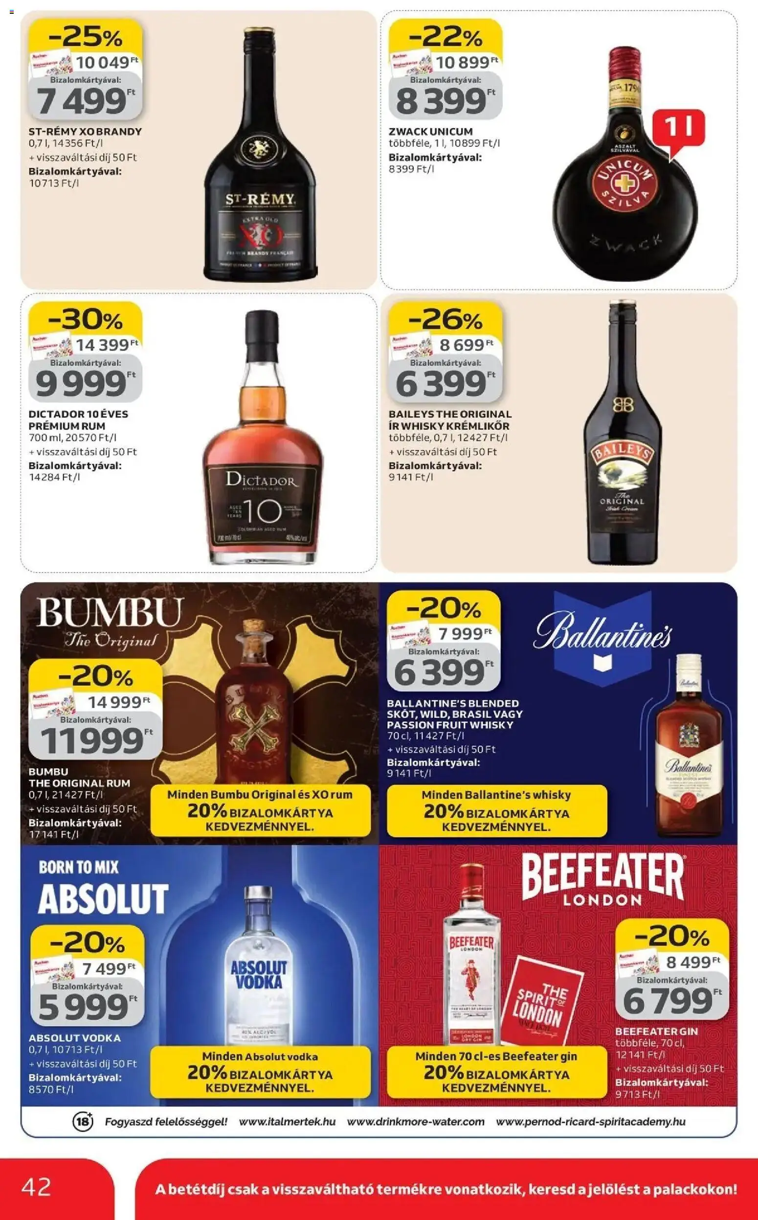 Auchan akciós ujság - amely érvényes a következő dátumtól: 19.03.2026 | Oldal: 42 | Termékek: Absolut vodka, Krémlikőr, Gin, Whisky