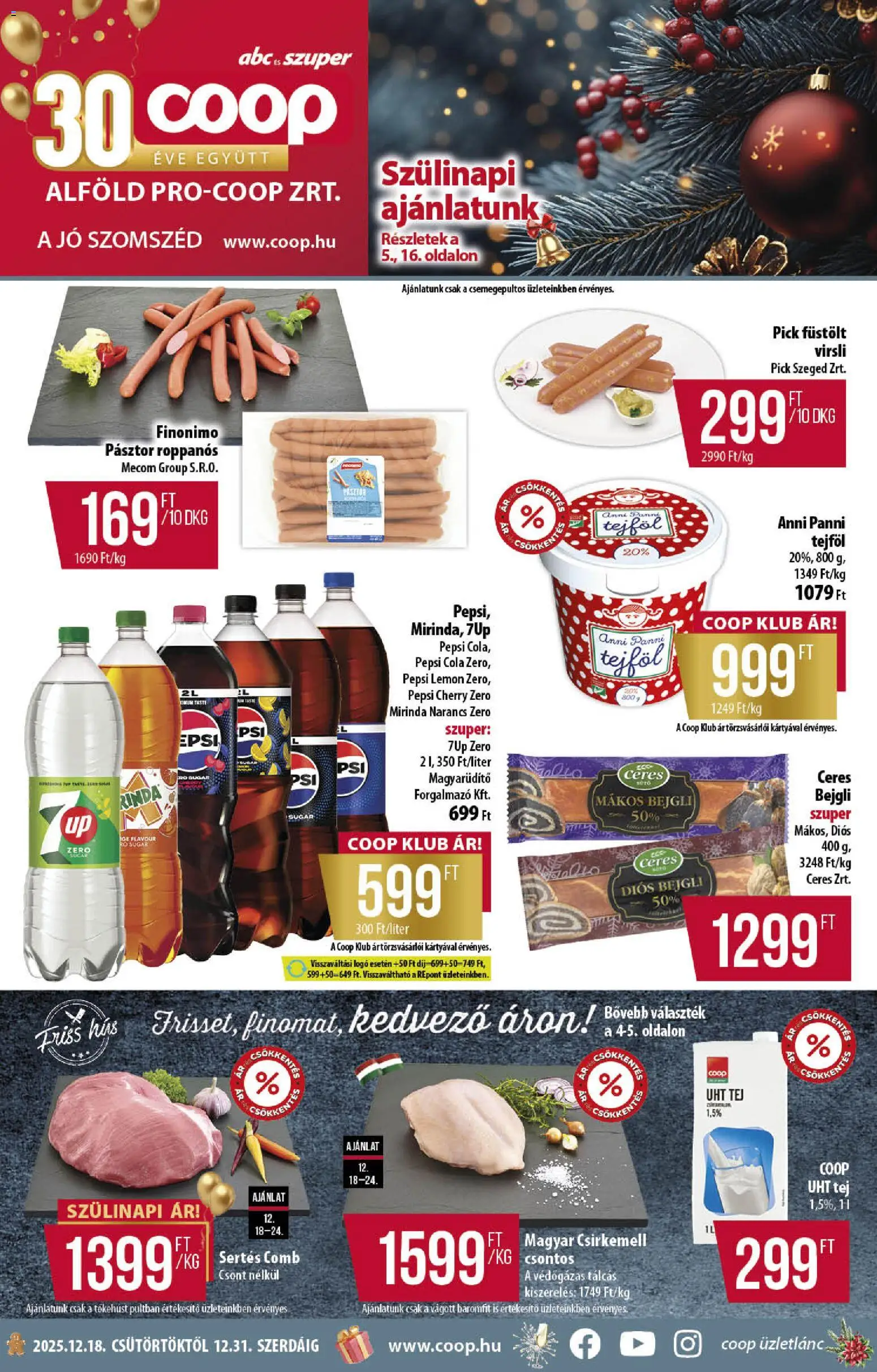 COOP akciós ujság - amely érvényes a következő dátumtól: 18.12.2025 | Oldal: 1 | Termékek: Virsli, Pick, Tej, Csirkemell