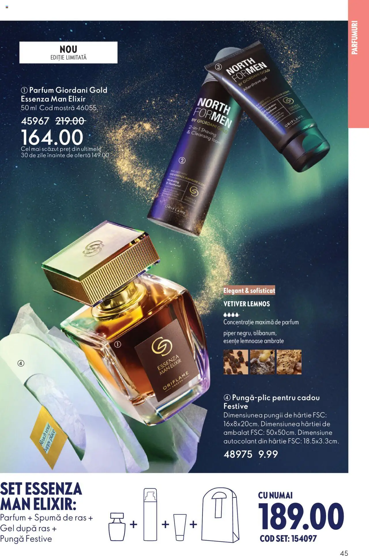 Noul catalog Oriflame – valabil de la 12.11.2025 | Pagină: 45 | Produse: Pungă, Parfum, Spumă de ras, Piper