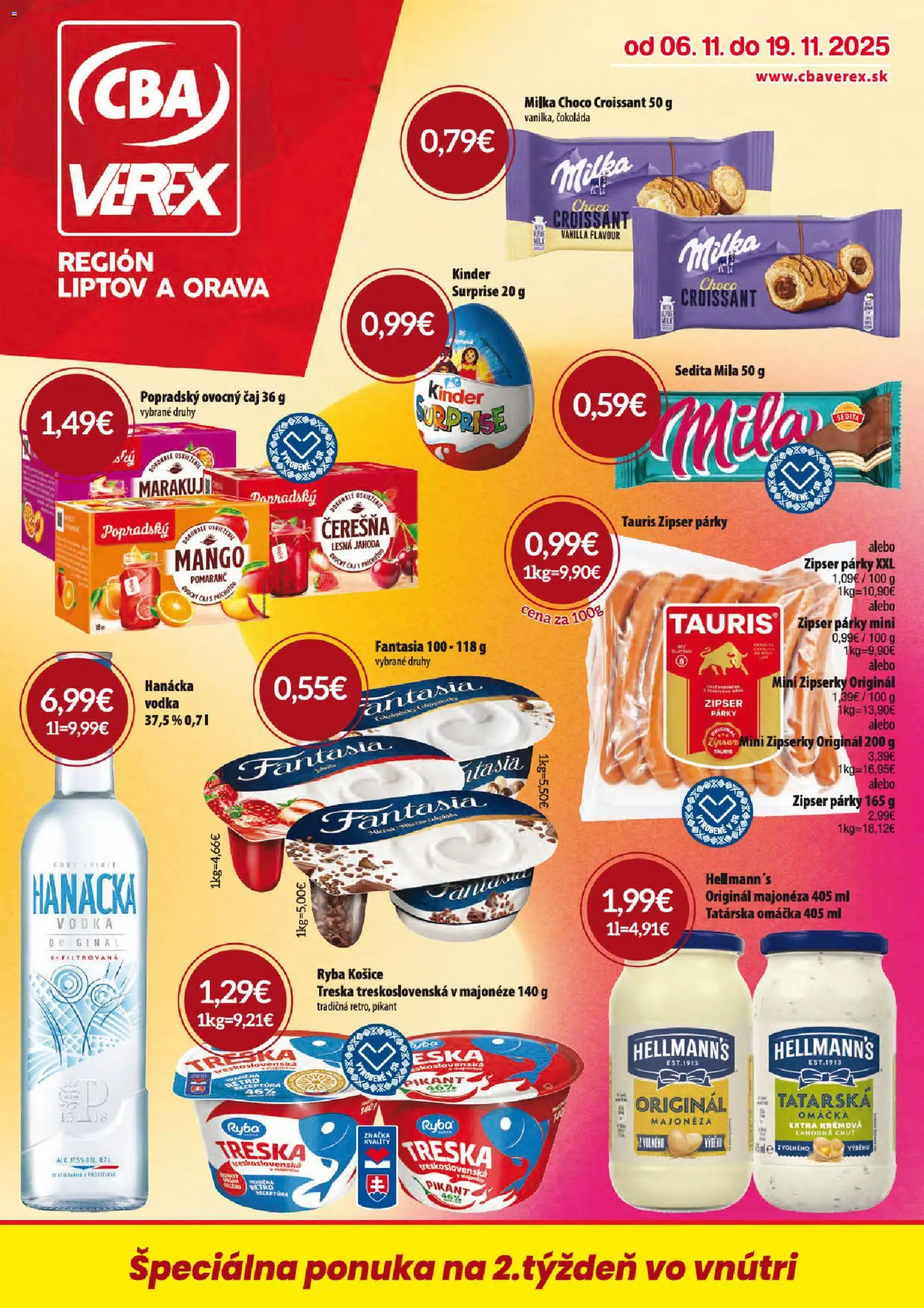 Nové CBA Verex akcie – leták je platný od 06.11.2025 | Strana: 1 | Produkty: Kinder Surprise, Mila, Mango, Párky