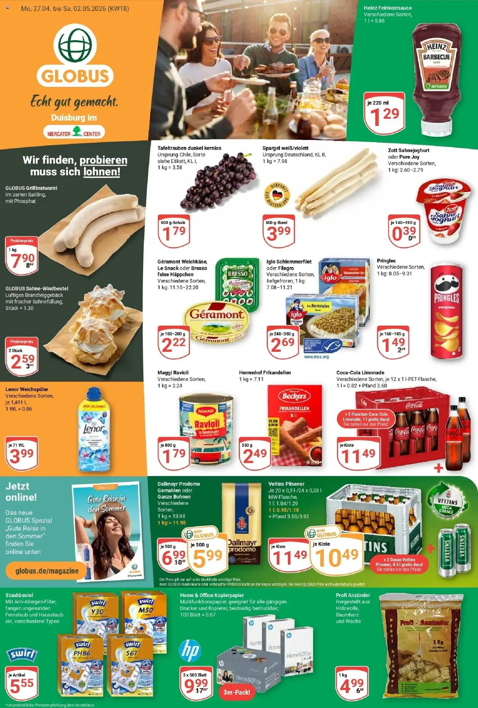 Globus Prospekt Duisburg	 – gültig ab 27.04.2026 | Seite: 1 | Produkte: Lenor, Joghurt, Iglo schlemmerfilet, Drucker