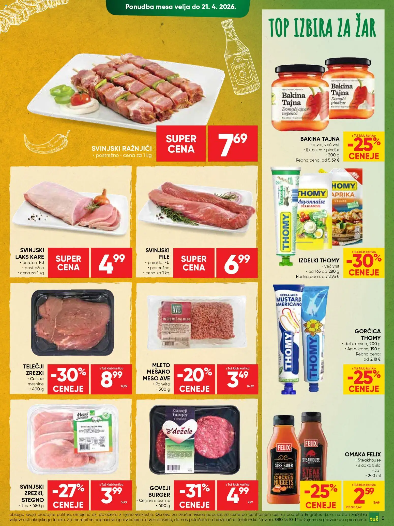 Novi Tuš katalog ponudbe – veljaven od 15.04.2026 | Stran: 5 | Izdelki: Zar, Ražnjiči, Gorčica, Zrezki