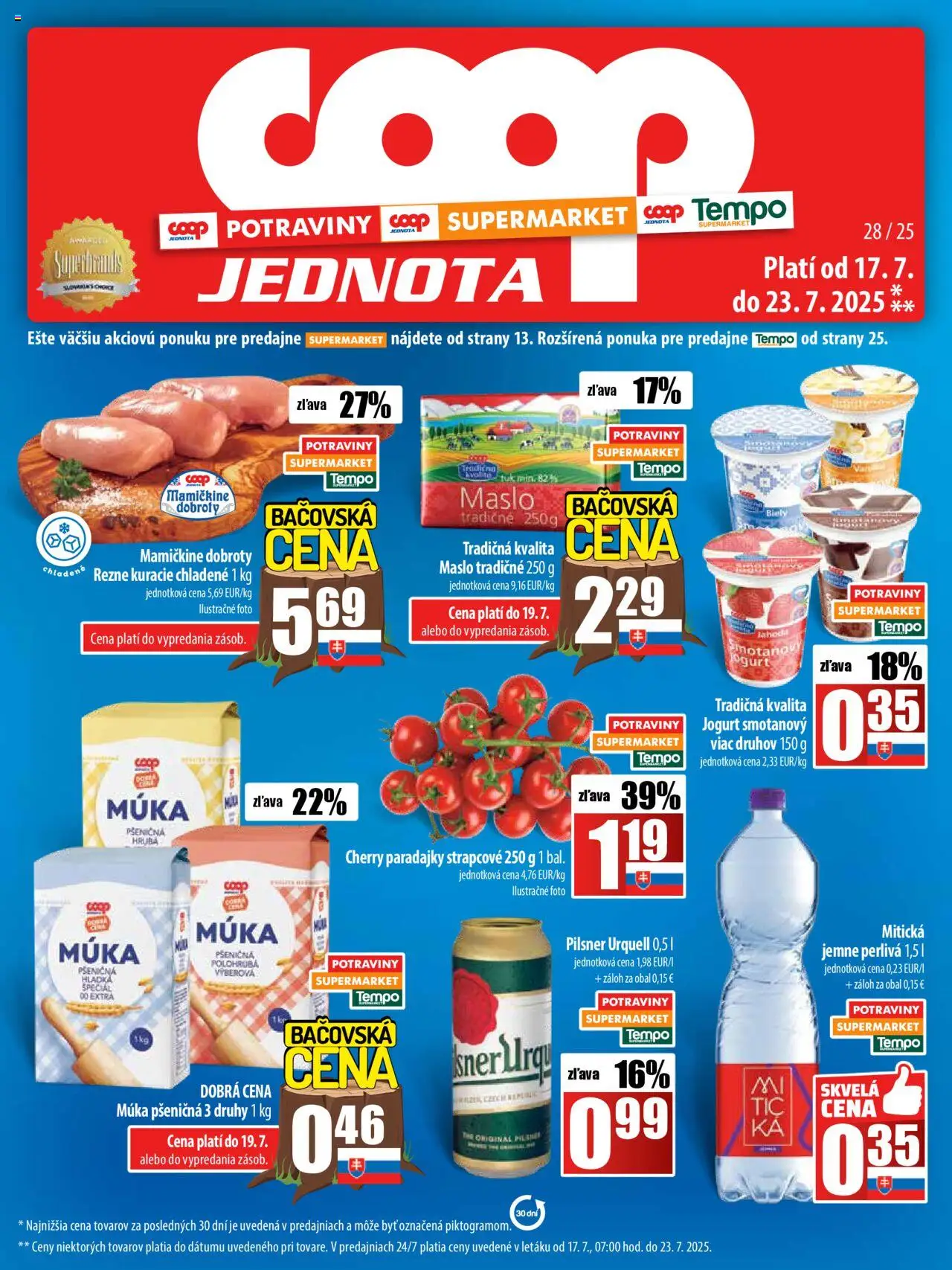 COOP Jednota leták │ platný od 17.07.2025 | Strana: 1 | Produkty: Maslo, Pilsner Urquell, Paradajky, Cherry paradajky