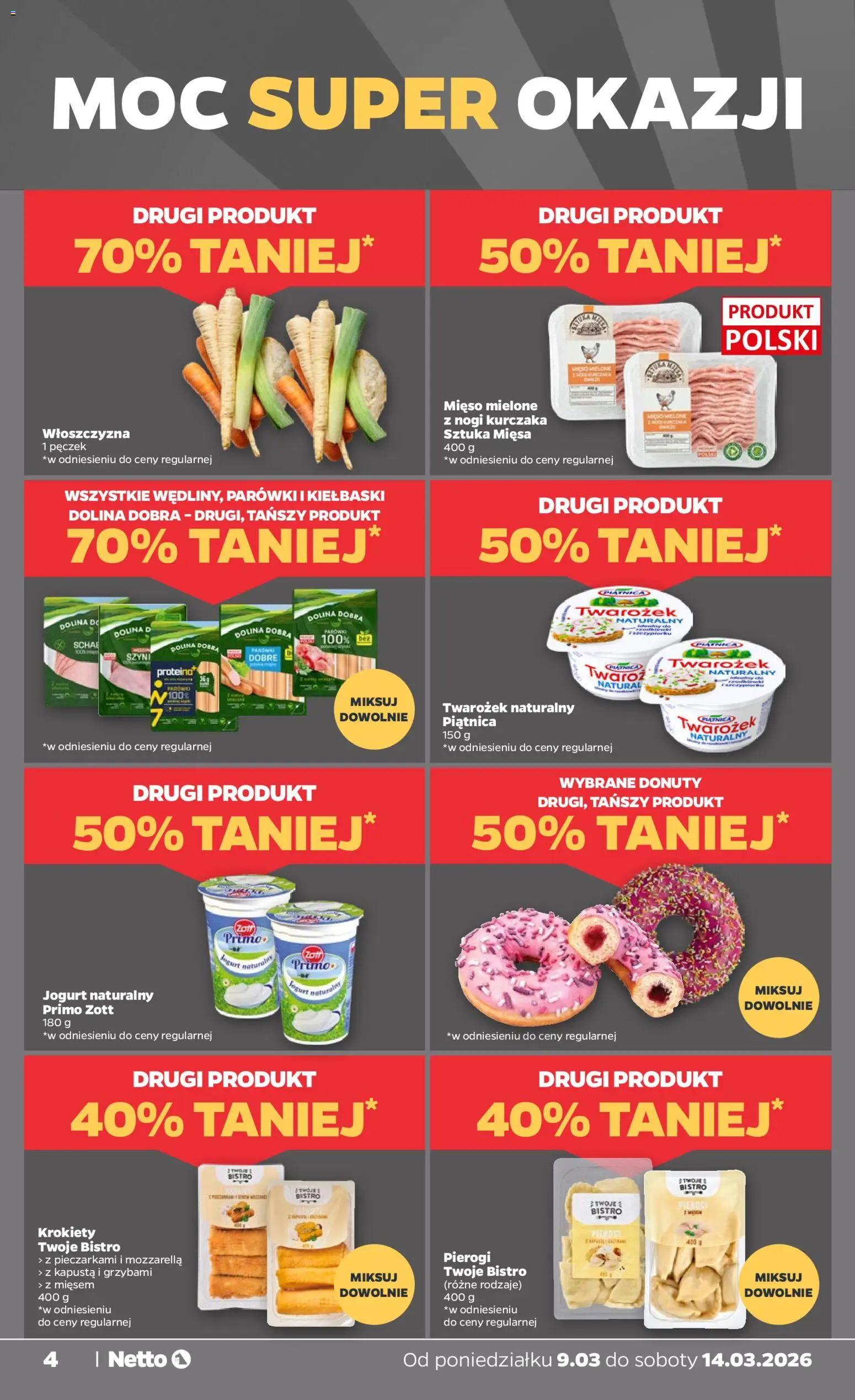 Netto gazetka od poniedziałku spożywcza od 09.03.2026 | Strona: 4 | Produkty: Jogurt naturalny, Jogurt, Mozzarella, Twarożek