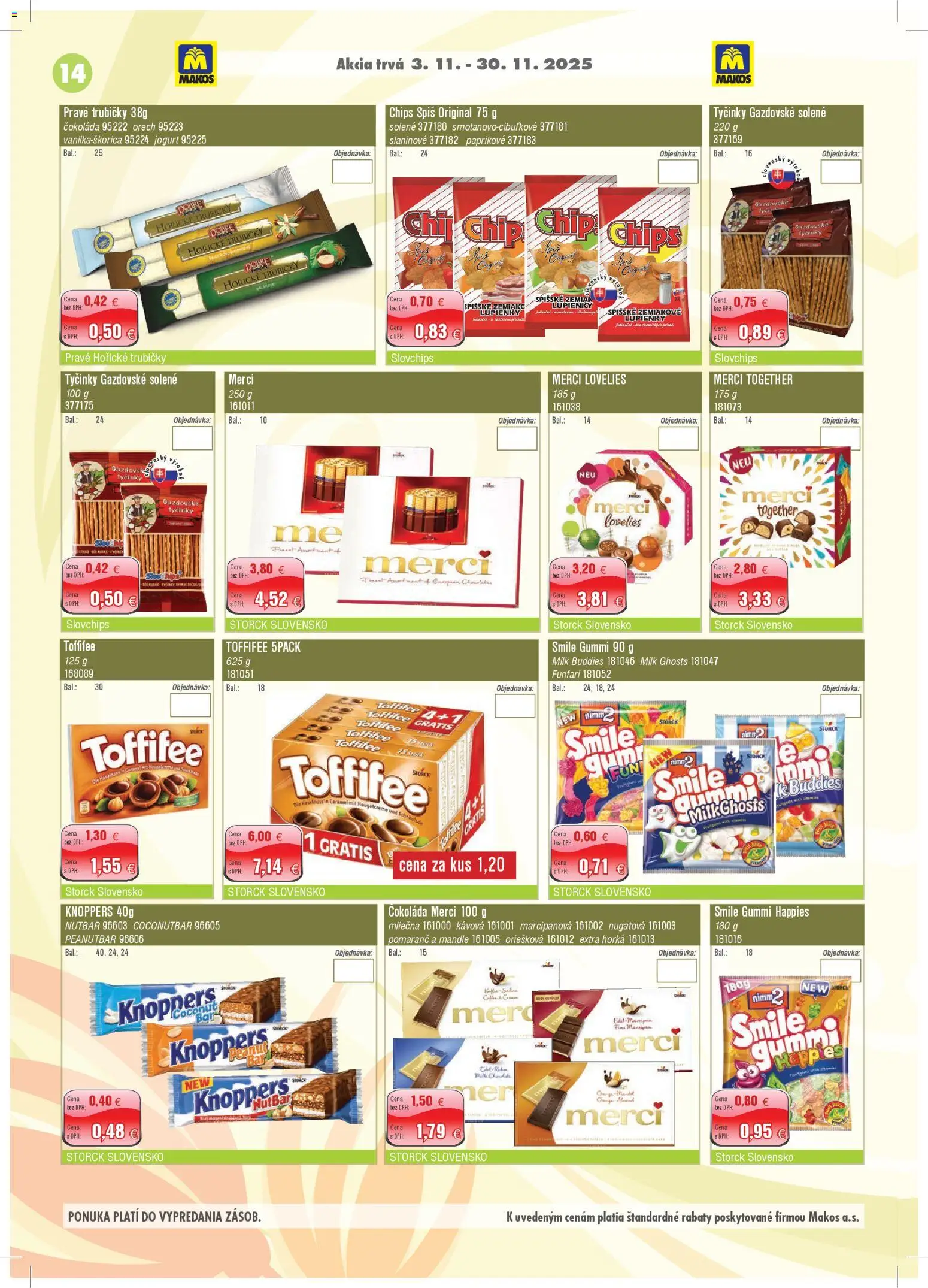 Nové Makos akcie – leták je platný od 03.11.2025 | Strana: 14 | Produkty: Jogurt, Merci, Čokoláda, Mandle