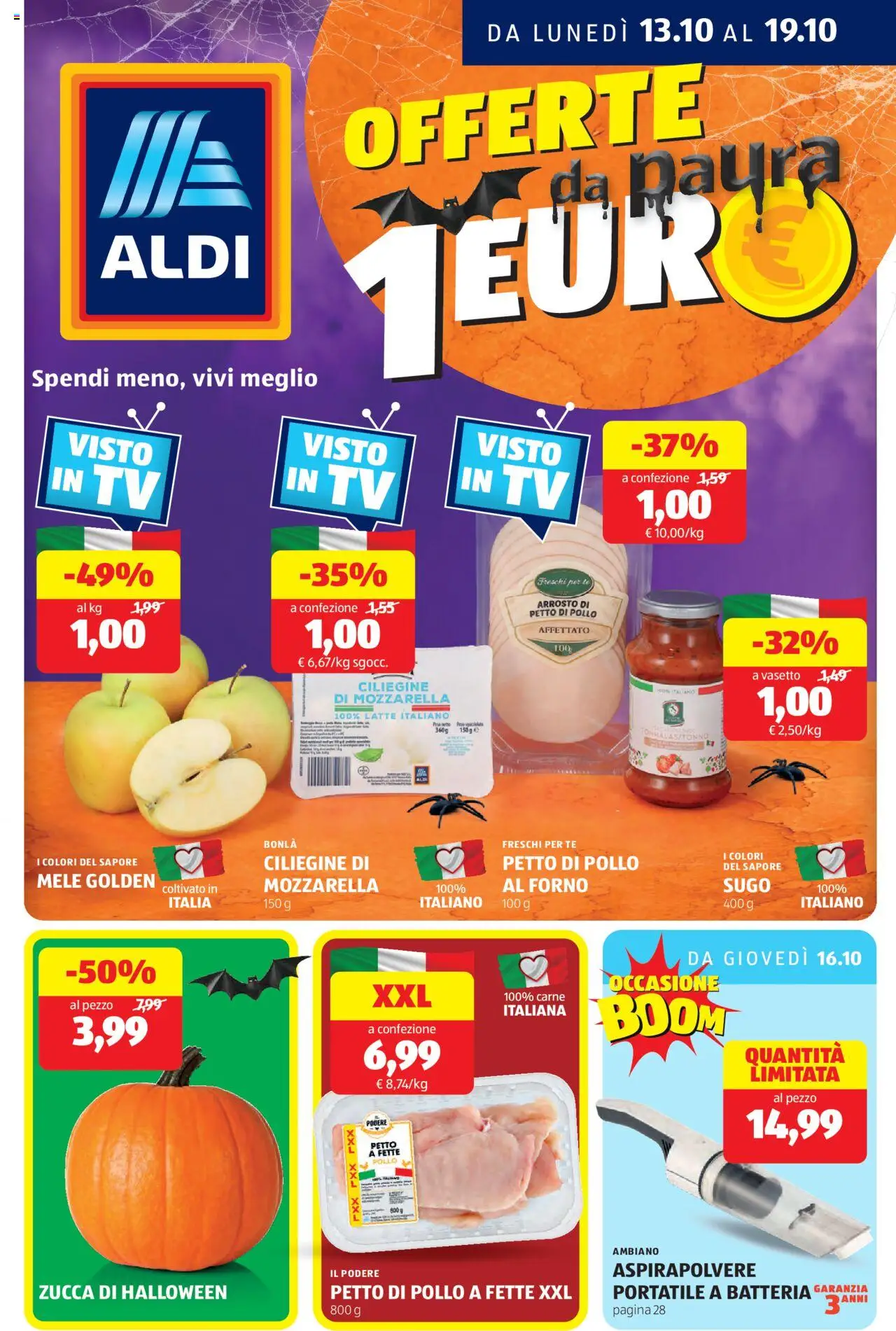Volantino Aldi del 13.10.2025 | Pagina: 1 | Prodotti: Petto di Pollo, Latte, Zucca, Aspirapolvere
