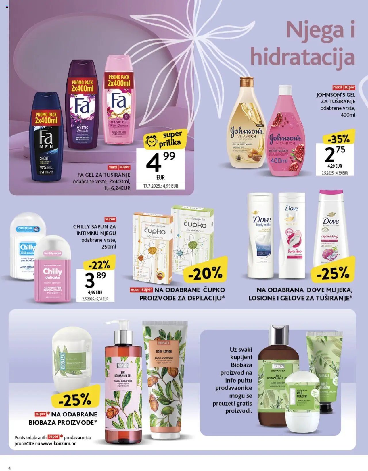 Konzum katalog | vrijedi od 22.09.2025 | Stranica: 4 | Proizvodi: Roll on, Sapun, Gel za tuširanje, Dove