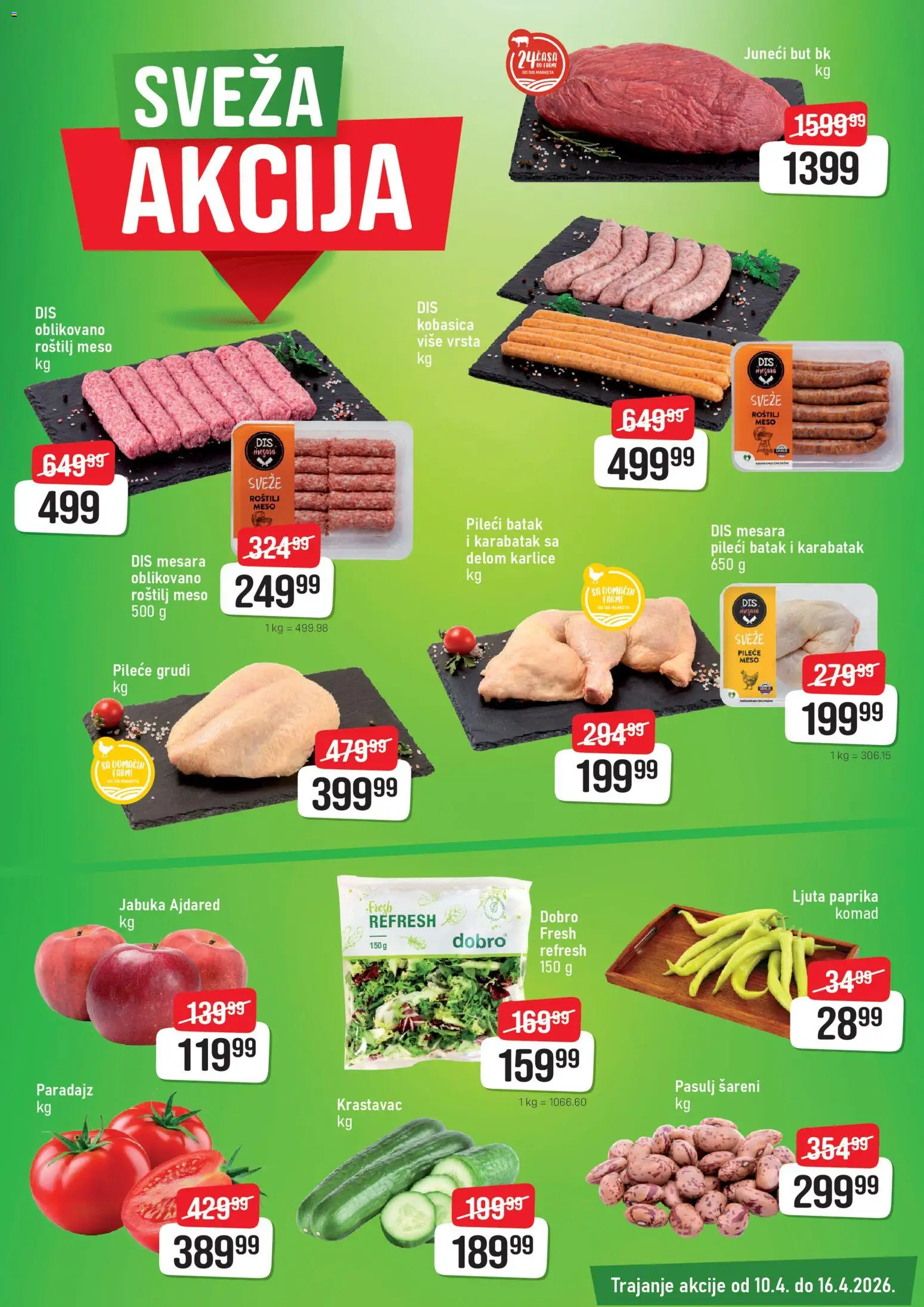 DIS katalog - važi od 10.04.2026 | Strana: 3 | Proizvode: Juneći but, Pileći batak, Kobasica, Paradajz
