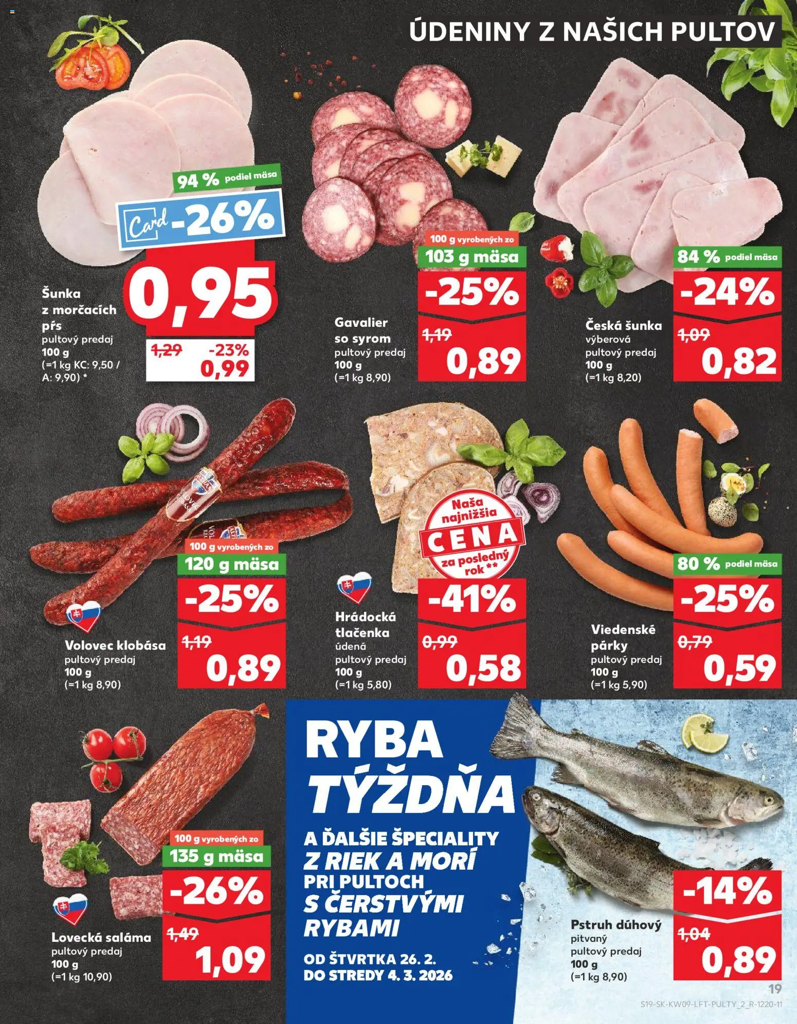 Nové Kaufland akcie – leták je platný od 26.02.2026 | Strana: 19 | Produkty: Saláma, Šunka, Klobása, Ryba