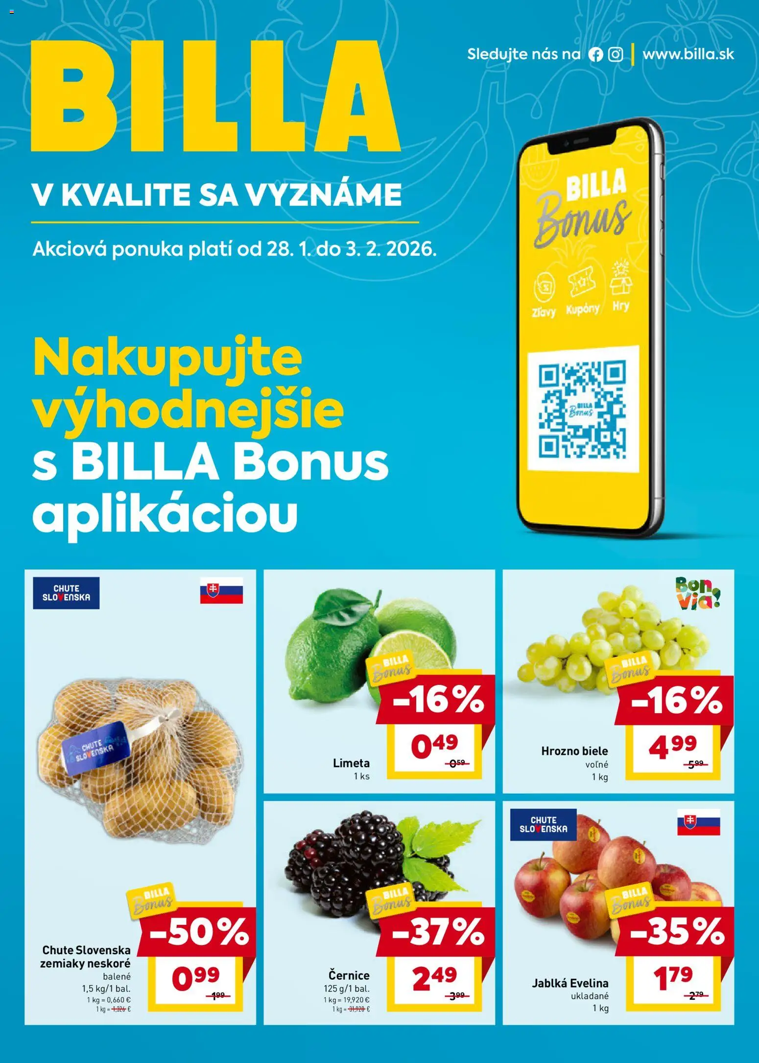 Nové Billa akcie – leták je platný od 28.01.2026 | Strana: 1 | Produkty: Jablká, Zemiaky, Hrozno