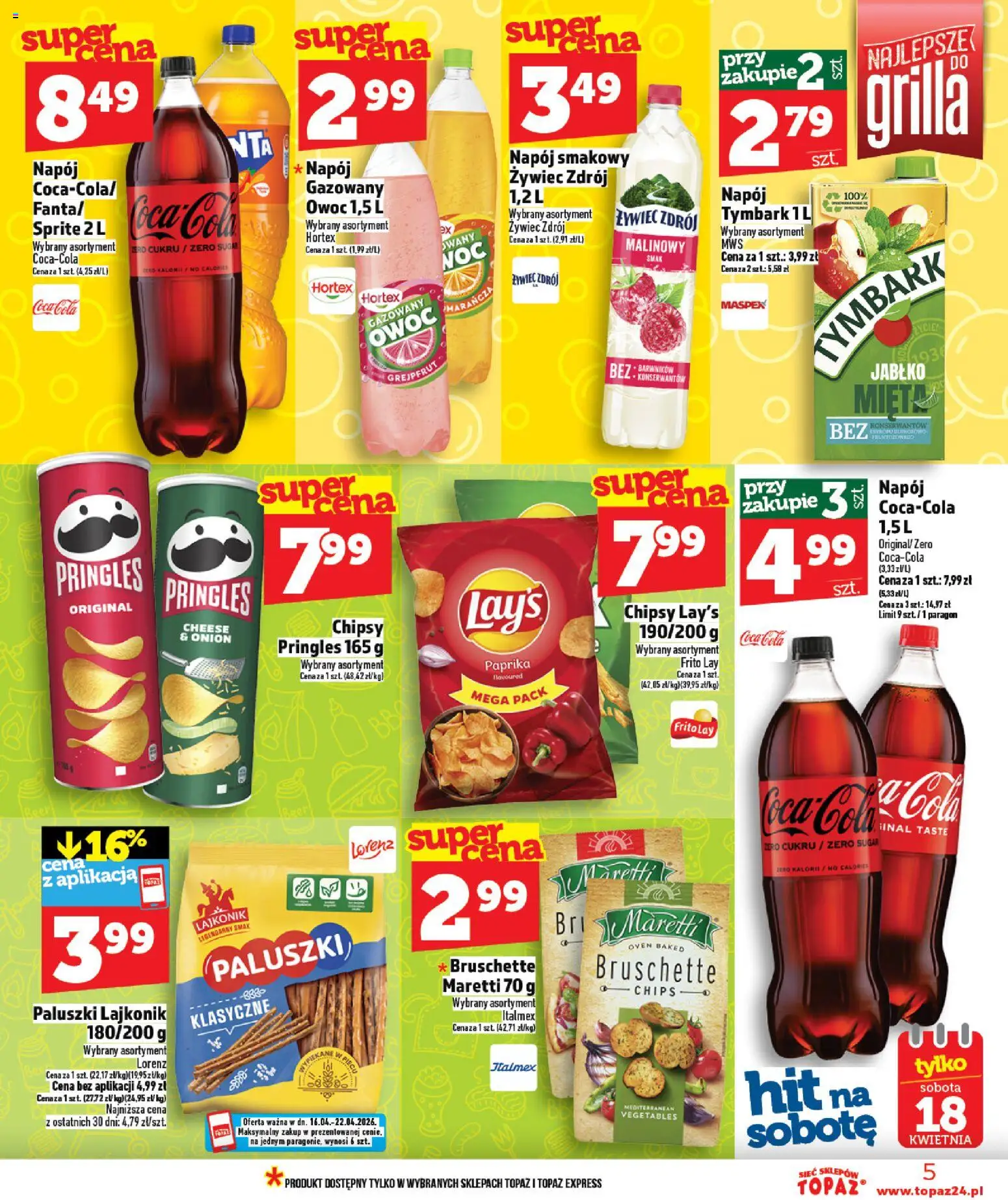 Topaz gazetka od 16.04.2026 | Strona: 5 | Produkty: Chipsy, Sprite, Coca cola, Pringles
