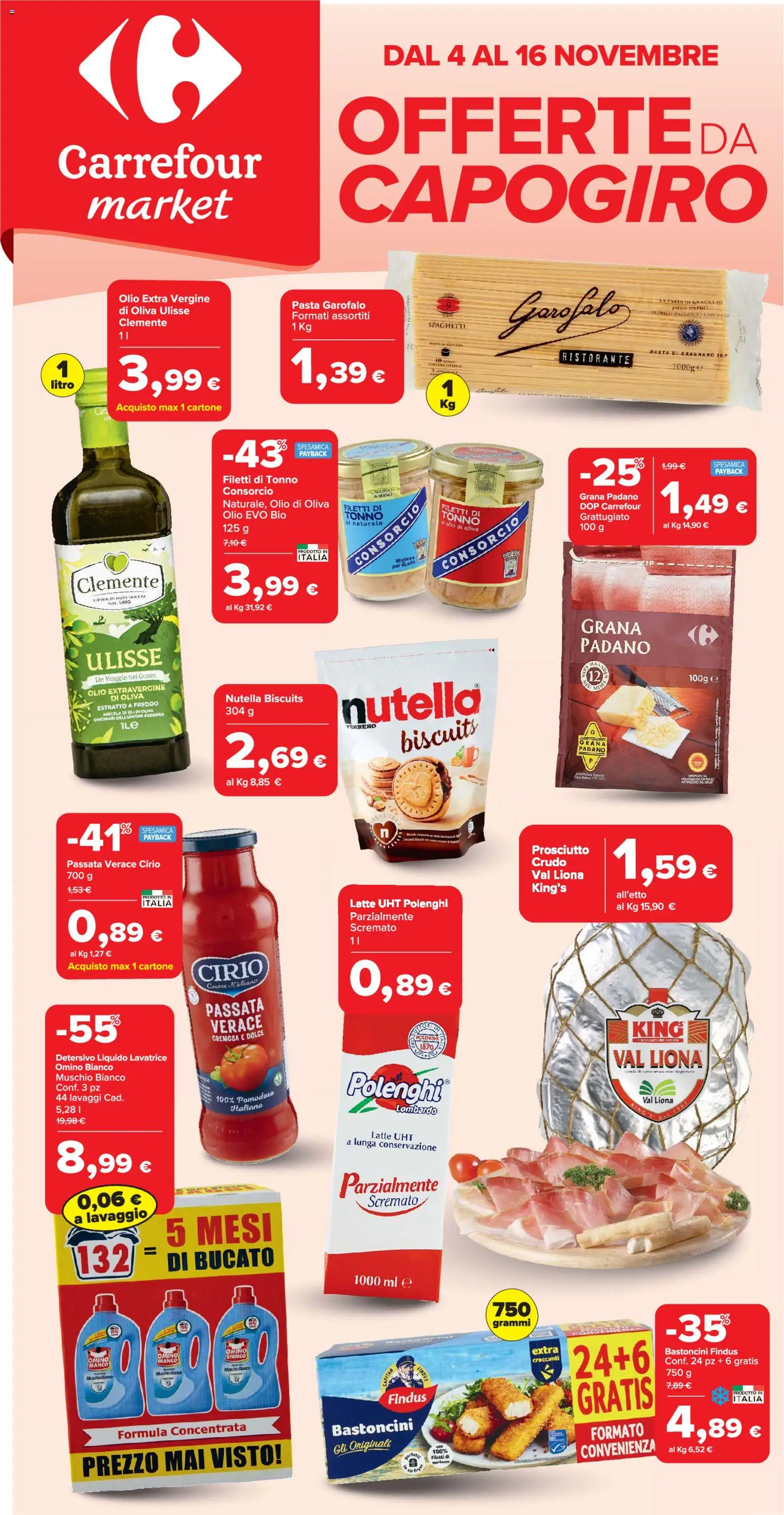 Volantino Carrefour del 04.11.2025 | Pagina: 1 | Prodotti: Pomodoro, Pasta, Lavatrice, Tonno