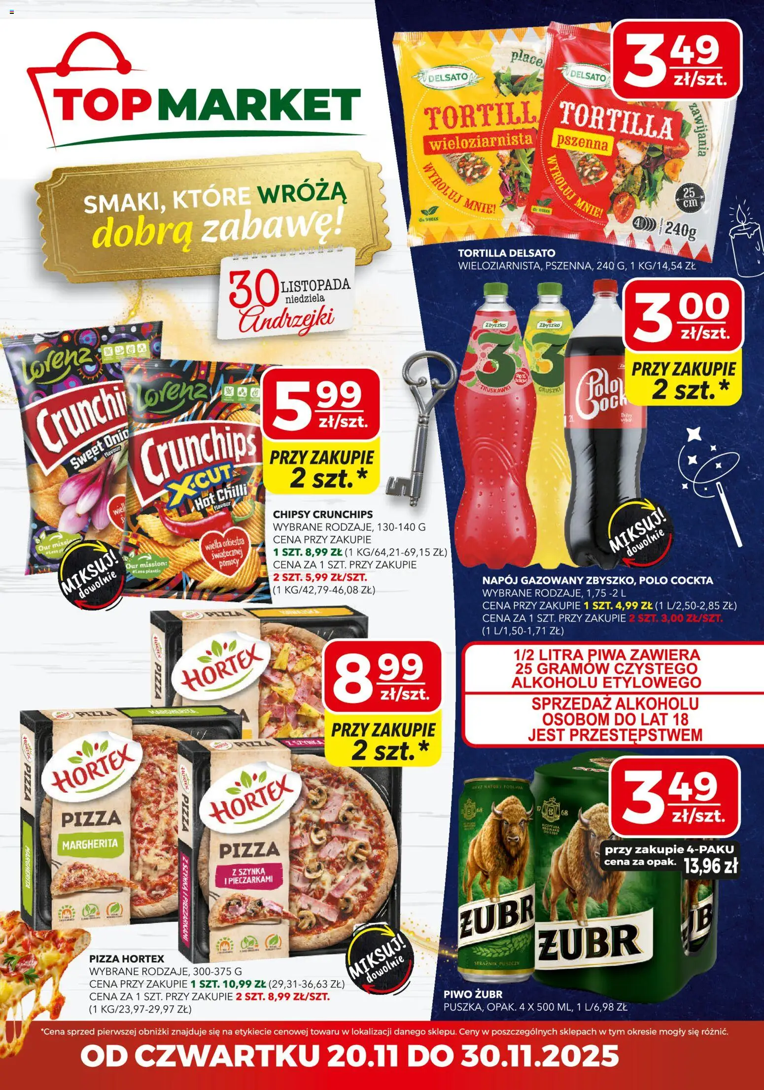 Top Market Gazetka od 20.11.2025 | Strona: 1 | Produkty: Chipsy, Szynka, Pizza, Piwo