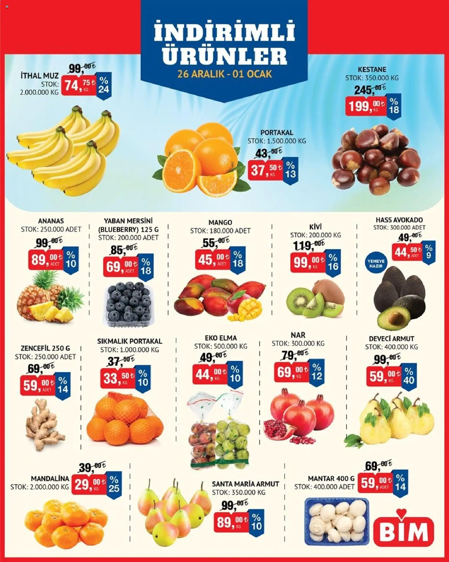 BİM Meyve Sebze - 26.12.2025 tarihinden itibaren geçerlidir | Sayfa: 1 | Ürünler: Muz, Kivi, Mango, Armut