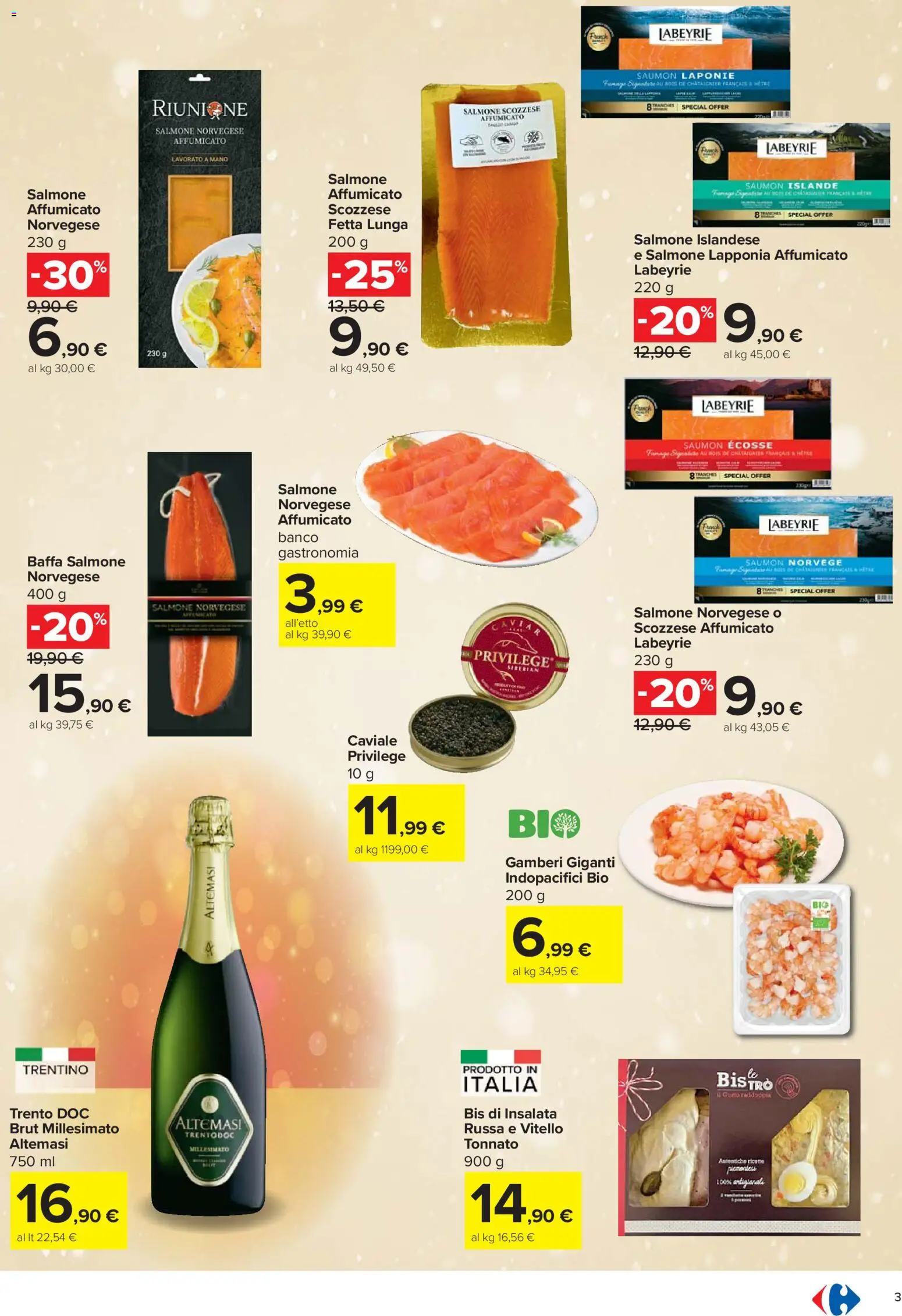 Volantino Carrefour del 27.11.2025 | Pagina: 3 | Prodotti: Salmone affumicato, Salmone, Gamberi, Insalata