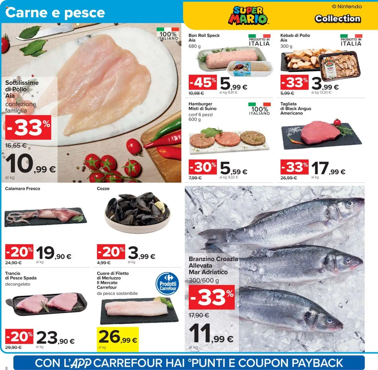 Volantino Carrefour del 10.10.2025 | Pagina: 8 | Prodotti: Pollo, Merluzzo, Pesca, Hamburger