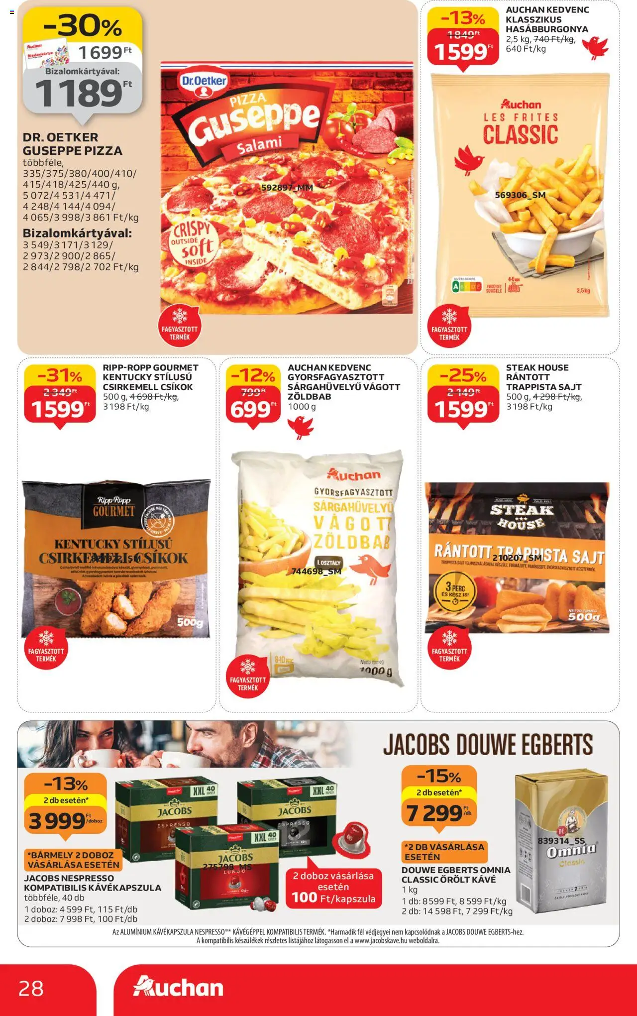 Auchan akciós ujság - amely érvényes a következő dátumtól: 09.10.2025 | Oldal: 28 | Termékek: Kávékapszula, Sajt, Pizza, Csirkemell