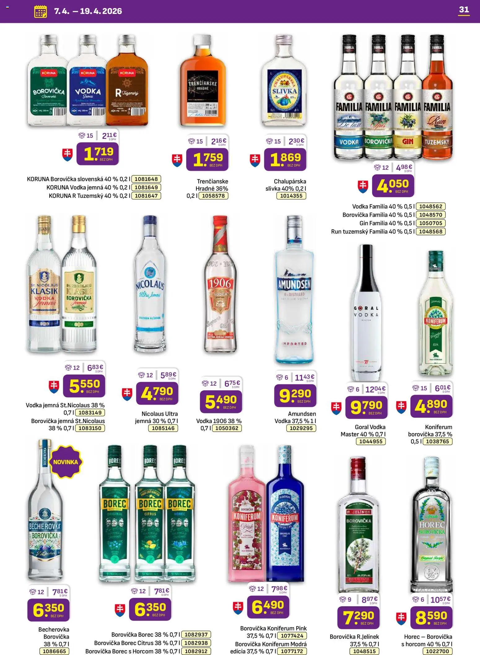 Nové Libex akcie – leták je platný od 07.04.2026 | Strana: 31 | Produkty: Becherovka, Borovička, Gin, Vodka